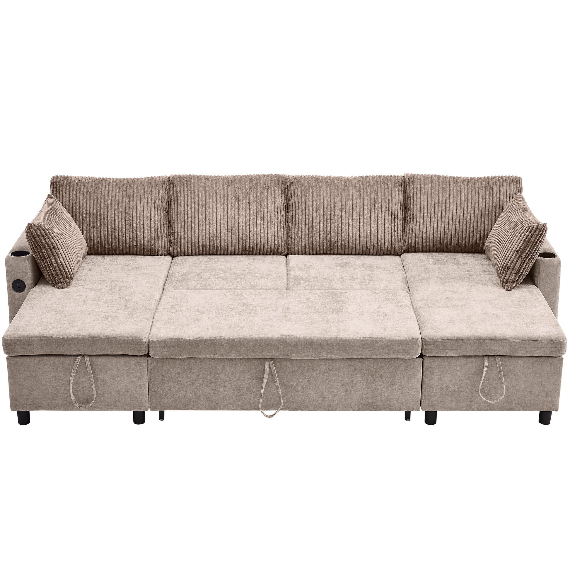 111.8" Sectional Sofa Pull Out Sofa Bed Versatile Sofa Sleeper With Large Storage Space, Two Usb Ports And Two Cup Holders For Living Room, Brown Brown Foam Chenille 4 Seat