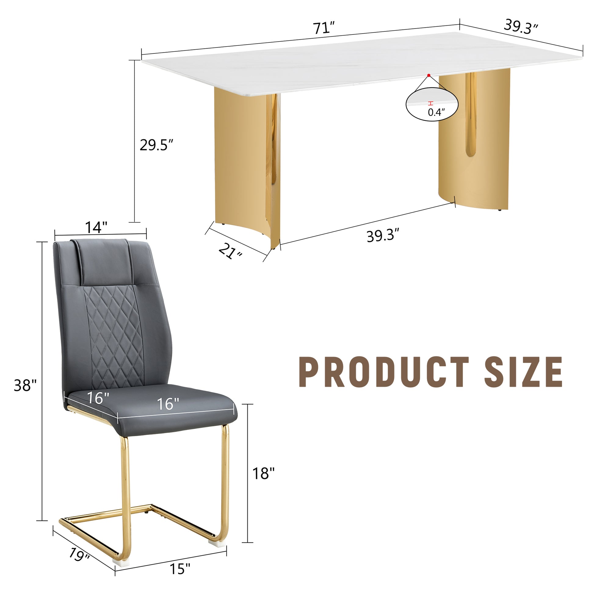 Table And Chair Set.The Table Has A Glass Tabletop With Imitation Marble Pattern Stickers And Stainless Steel Golden Table Legs. Paried With Comfortable Chairs With Pu Seats And Metal Legs. White Gold Seats 8 Glass Metal