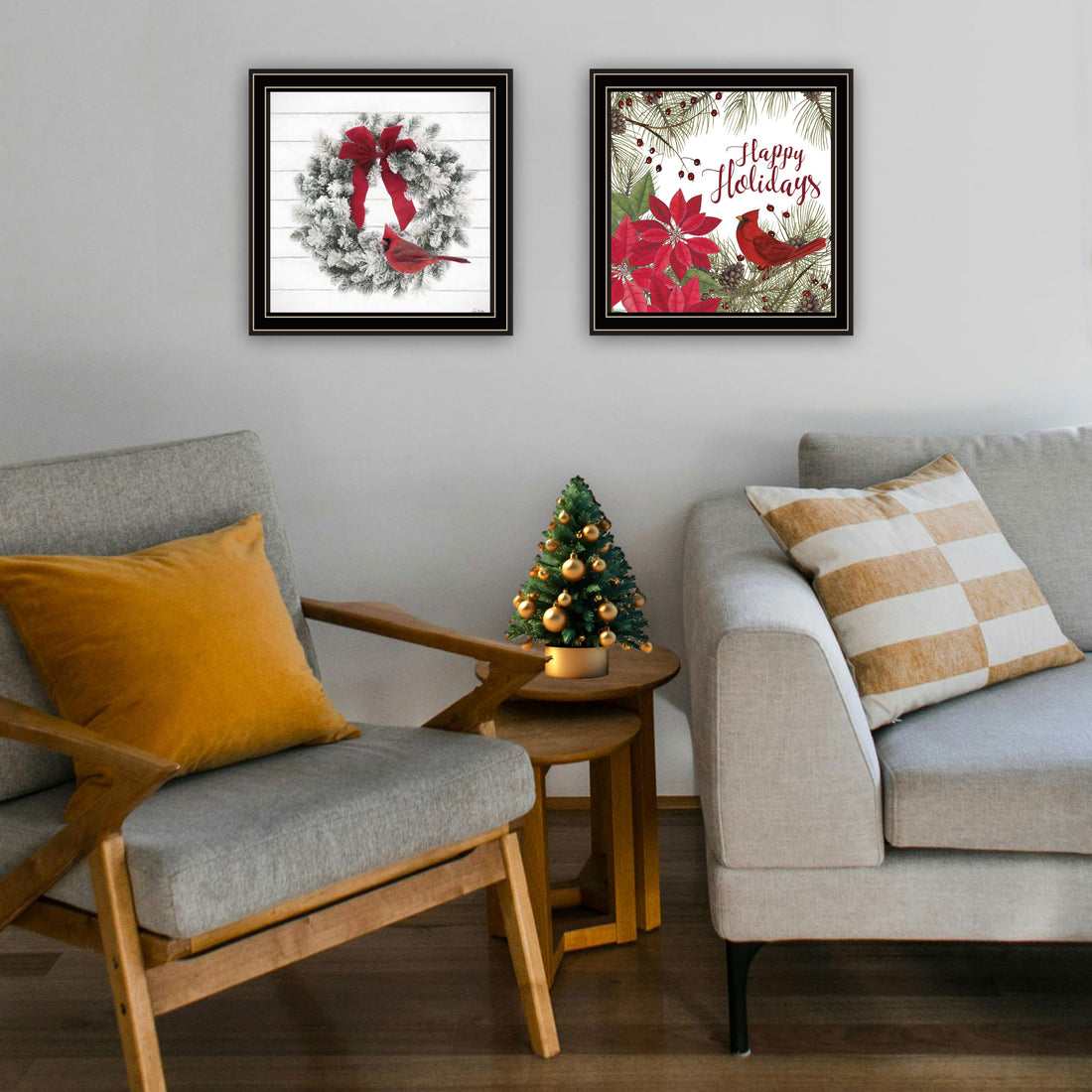 2 Piece Vignette Cardinal Wreath Black Framed Wall Art For Living Room, Bedroom Wall Art Print For Home Decor By Linda Spivey Multicolor Wood Paper