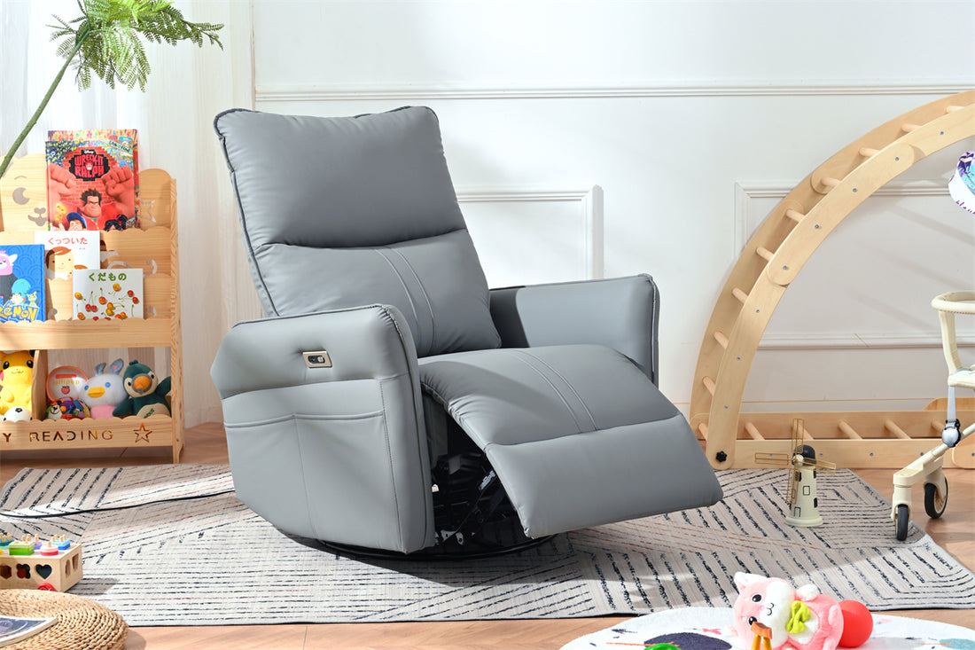 Power Swivel Rocker Recliner Chair For Adults, 270 Swivel Rocking Recliner Chair,Electric Small Recliners For Small Spaces, Single Sofa Recliner For Living Room, Bedroom,Rv Blue Gray Light Brown Wood Primary Living Space Heavy Duty Push Button Rubberwood