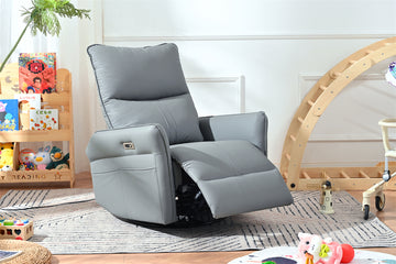 Power Swivel Rocker Recliner Chair For Adults, 270 Swivel Rocking Recliner Chair,Electric Small Recliners For Small Spaces, Single Sofa Recliner For Living Room, Bedroom,Rv Blue Gray Light Brown Wood Primary Living Space Heavy Duty Push Button Rubberwood