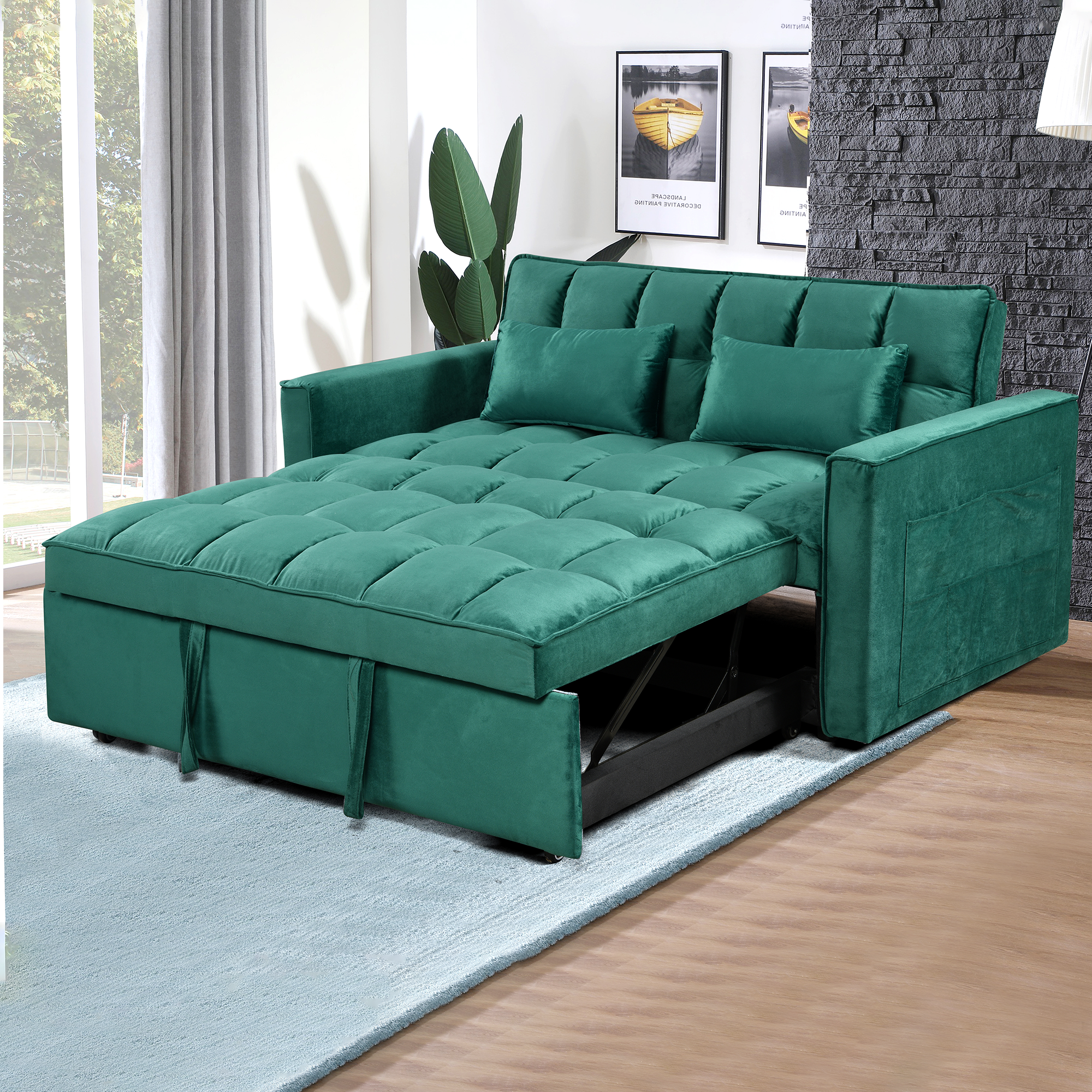 Modern Flannel Double Sofa With Folding Bed, Small Double Sofa With Three In One Convertible Sofa Bed, Adjustable Backrest And Storage Space, Including Pillows, Perfect For Living Room Or Bedroom Twin Green Solid Wood