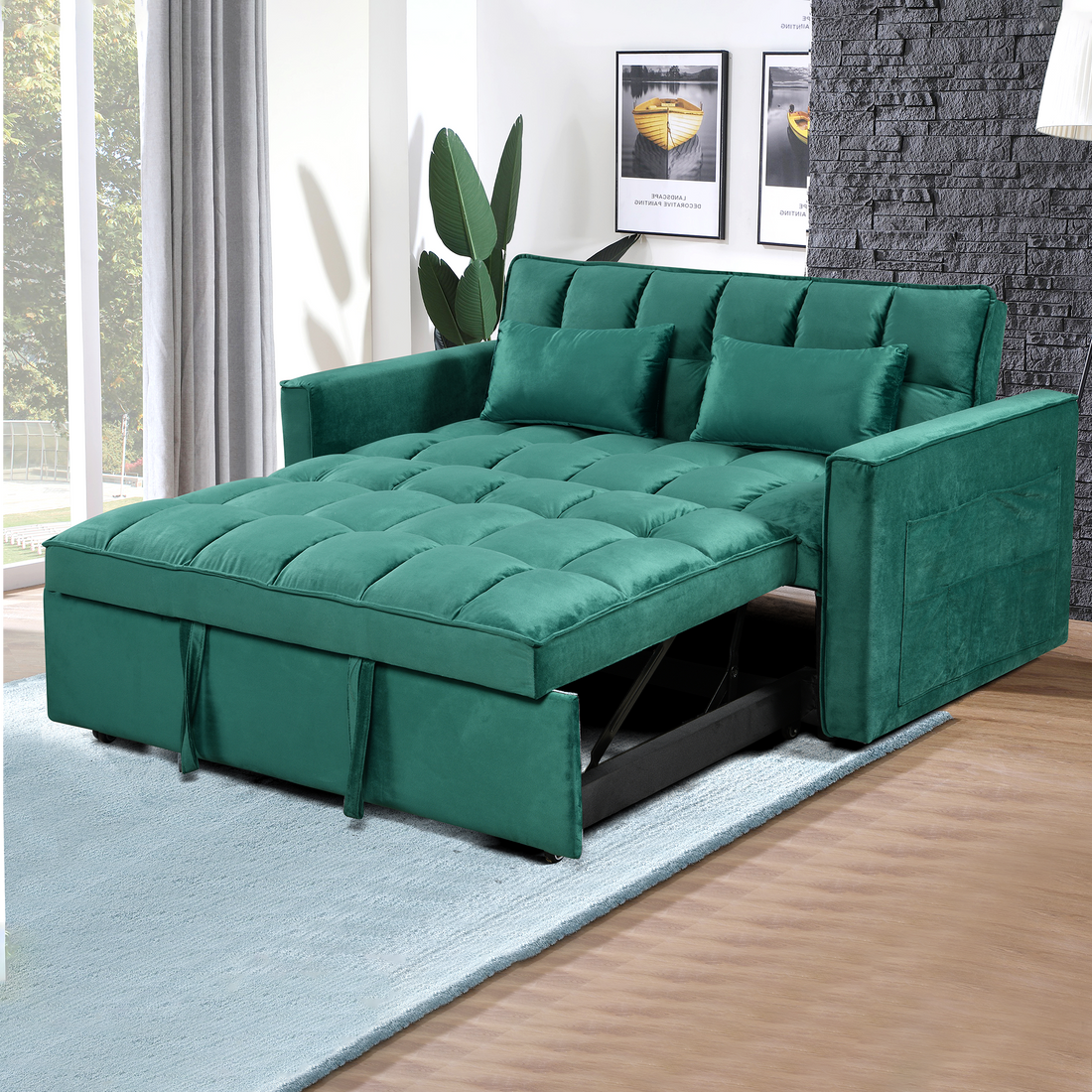 Modern Flannel Double Sofa With Folding Bed, Small Double Sofa With Three In One Convertible Sofa Bed, Adjustable Backrest And Storage Space, Including Pillows, Perfect For Living Room Or Bedroom Twin Green Solid Wood