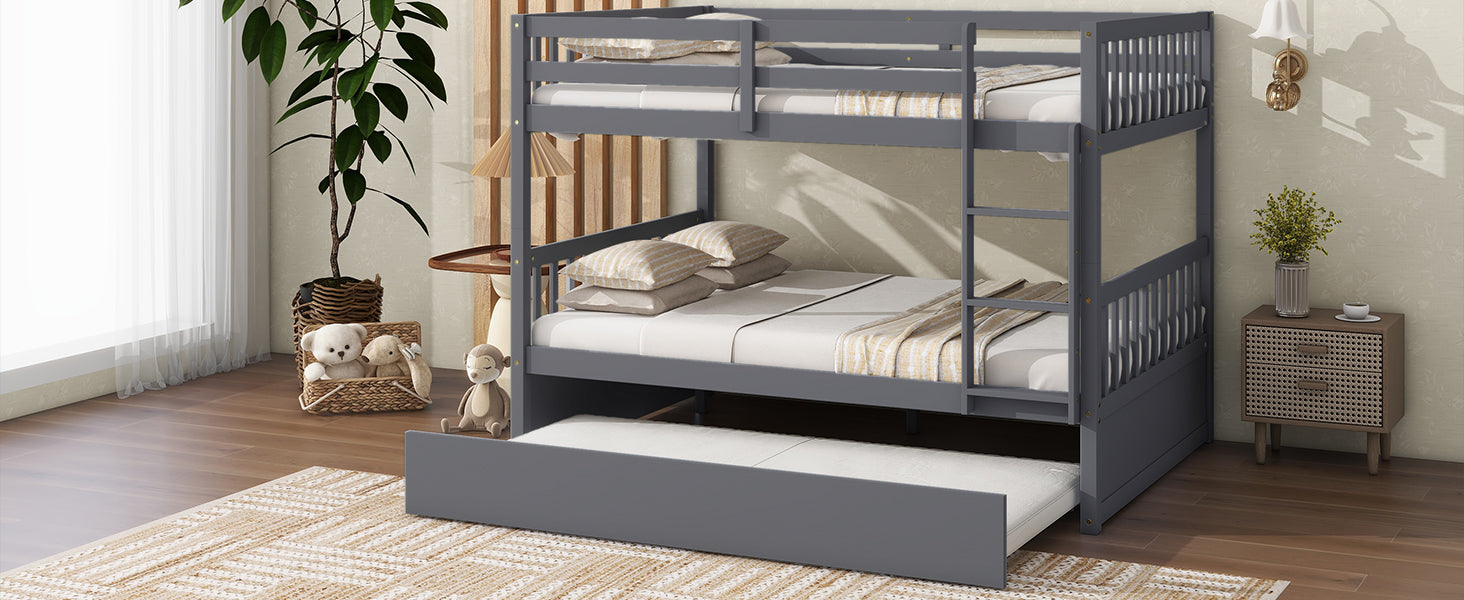 Full Over Full Rubber Wood Bunk Bed With Trundle, Ladder And Guardrails, Convertible To 2 Full Size Beds, With Twin Size Trundle ,Dark Grey Full Dark Grey Bedroom American Design Bed Frame Rubber