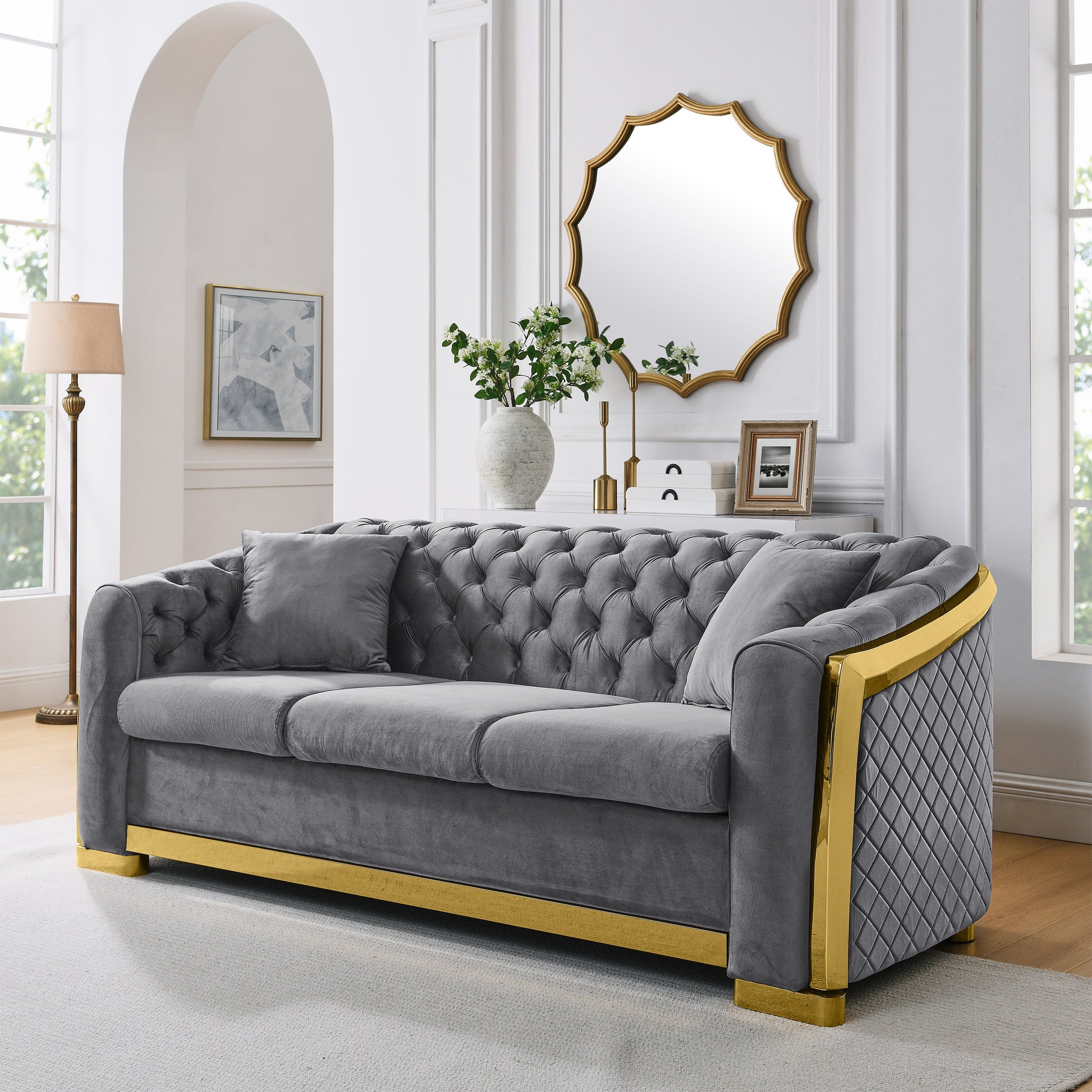 Velvet Luxury Chesterfield Sofa Set, 84 Inches Tufted 3 Seat Couch With Gold Stainless For Living Room, Grey Fabric Grey Velvet Wood Primary Living Space Medium Soft Tufted Back European Rolled Arms Foam Wood Stainless Steel 3 Seat