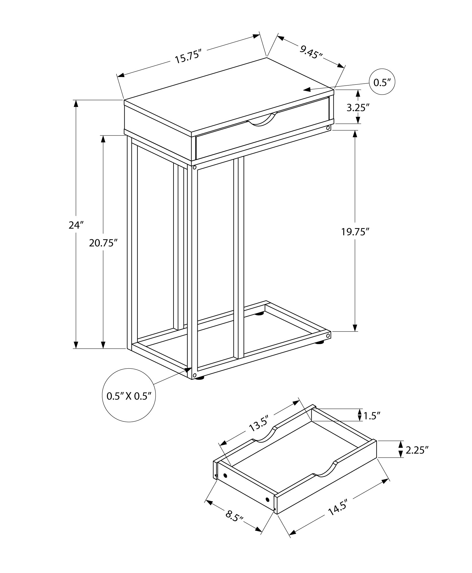 Accent Table, C Shaped, End, Side, Snack, Storage Drawer, Living Room, Bedroom, White Marble Look Laminate, Grey Metal, Contemporary, Modern White Particle Board