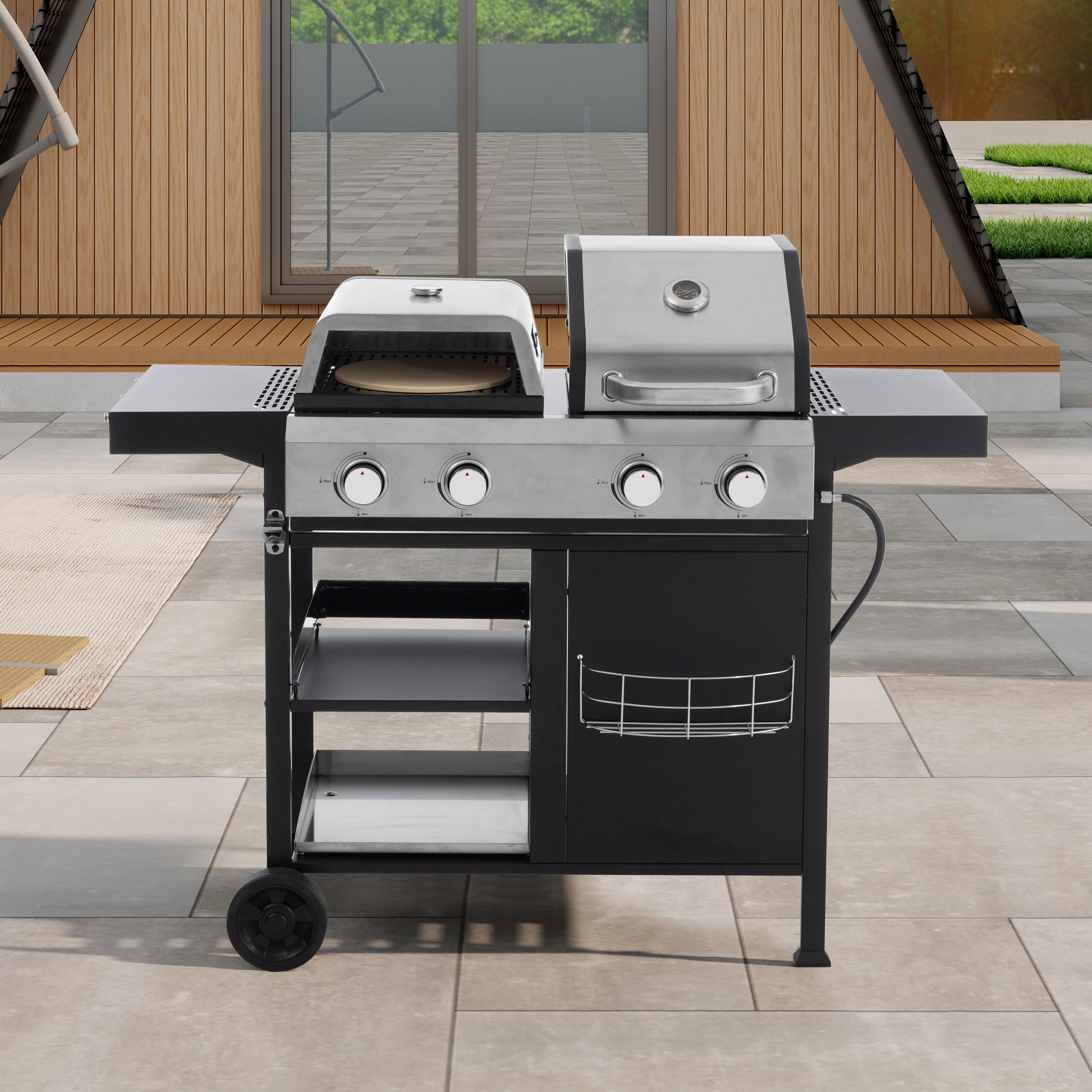 2 2 Multi Function Burner Gas Grill And Griddle Combo With Cover For Outdoor Cooking While Camping Or Tailgating Bbq,Frying,Pizza. Black And Silver Stainless Steel