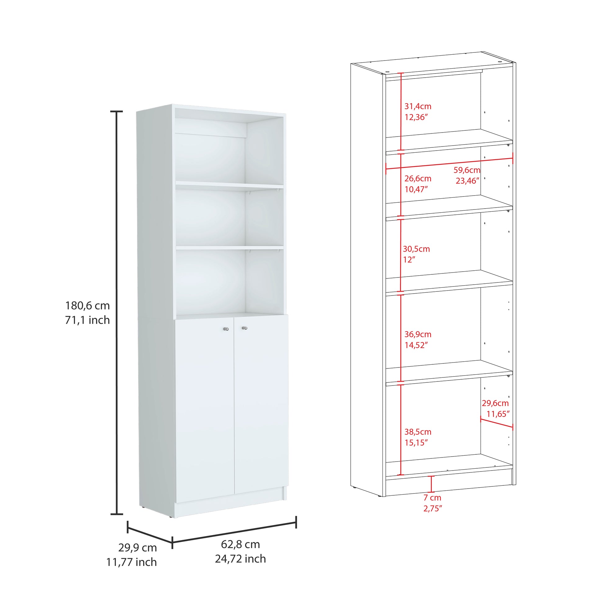 Poole 3 Piece Home Bookcase Set, 67" Wide With 12 Shelves And 2 Door Cabinetliving Room Set White White Particle Board