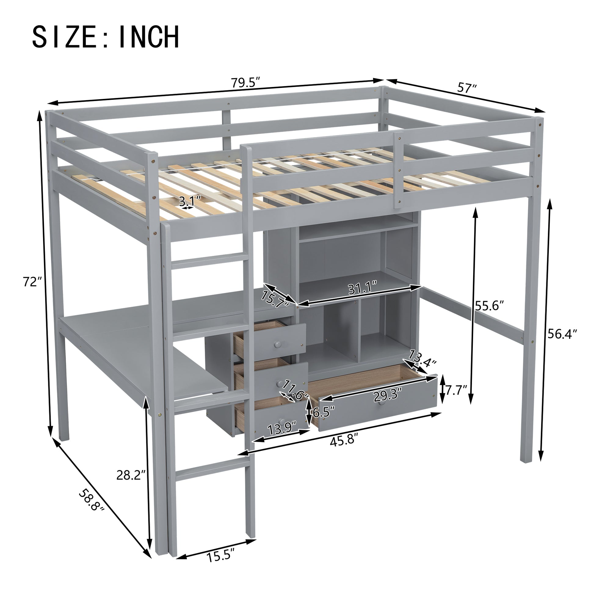 Full Size Loft Wood Bed With Desk, Storage Shelves And Drawers, Built In Ladder, High Loft Bed With Desk, Storage Shelves And Drawers,Guardrails,Grey Full Grey Pine