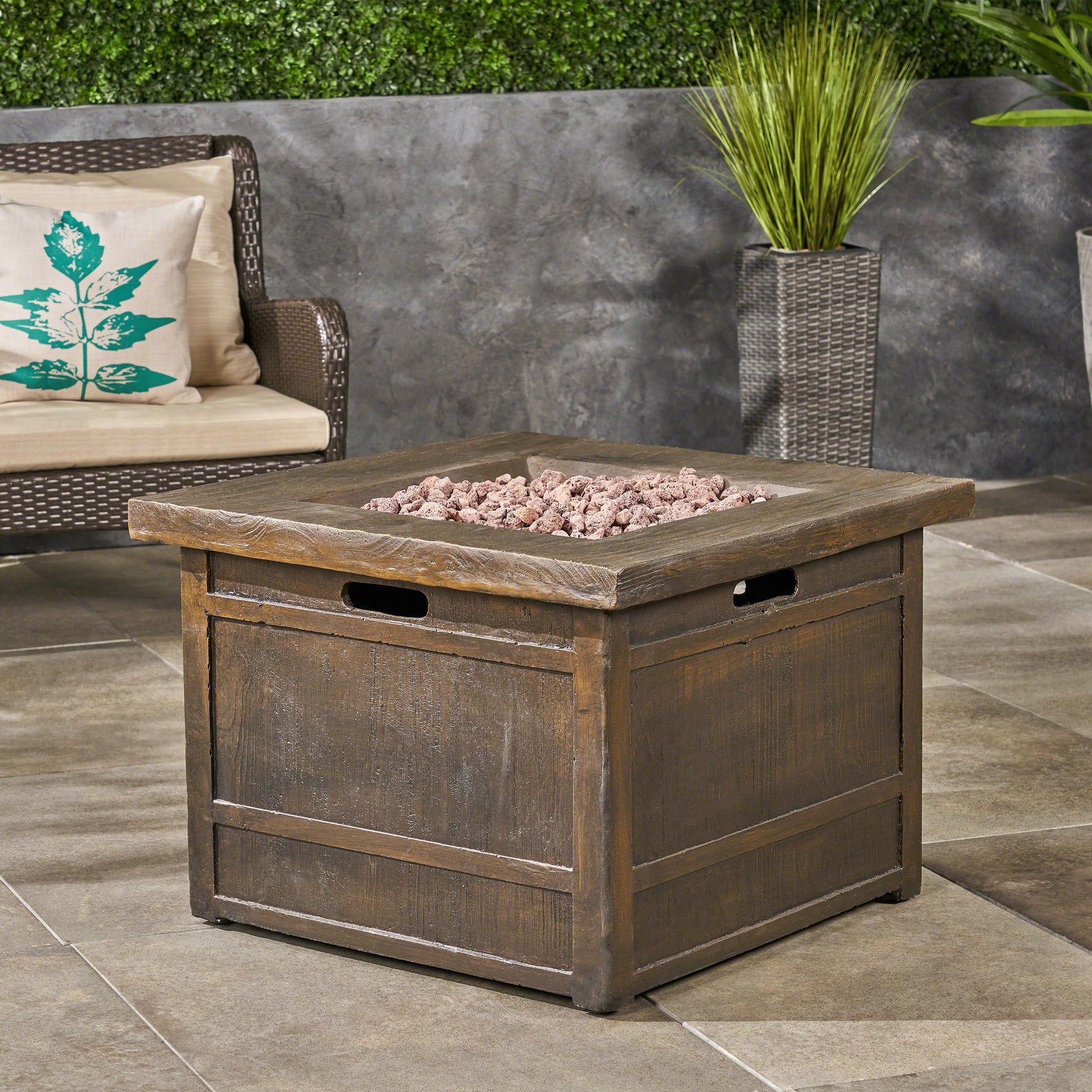 40,000 Btu Outdoor Lightweight Concrete Gas Burning Fire Pit By 32", Brown Wood Magnesium Oxide