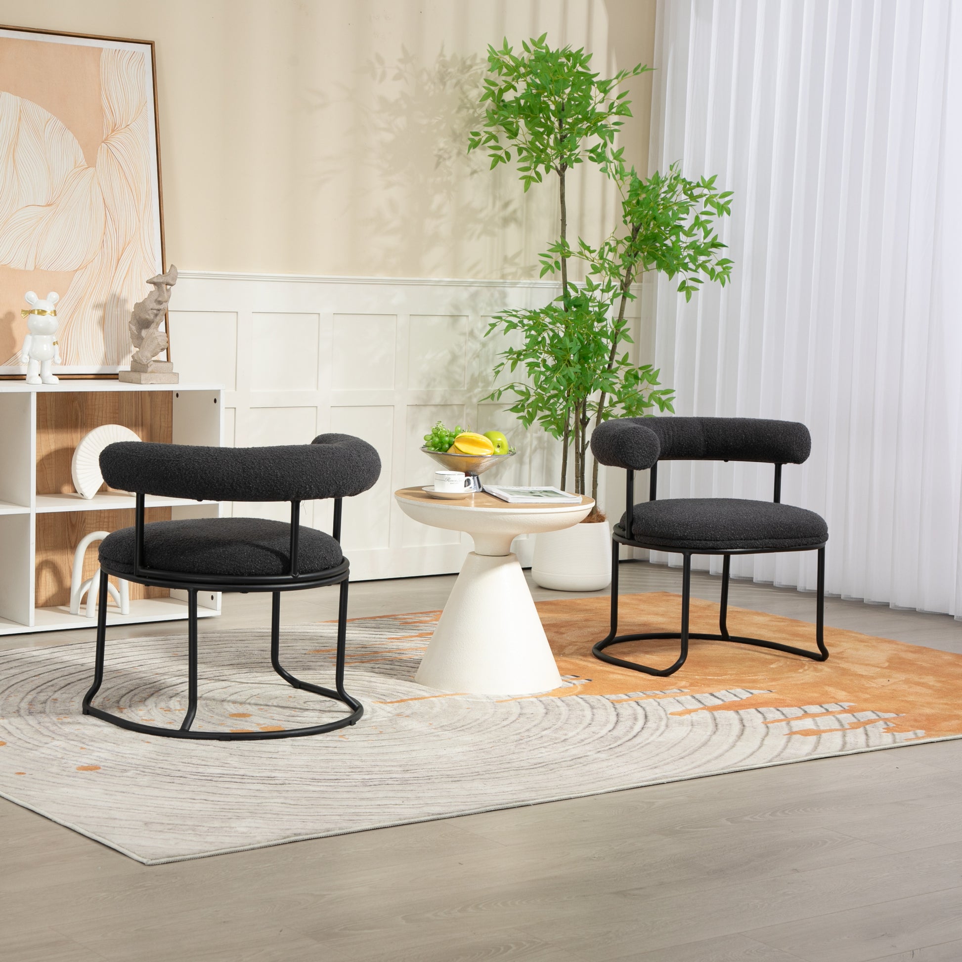 Coolmore Boucle Dining Chairs Set Of 2, Mid Century Modern Curved Backrest Chair, Round Upholstered Kitchen Chairs Carbon Black Boucle Carbon Black Foam Mdf Metal