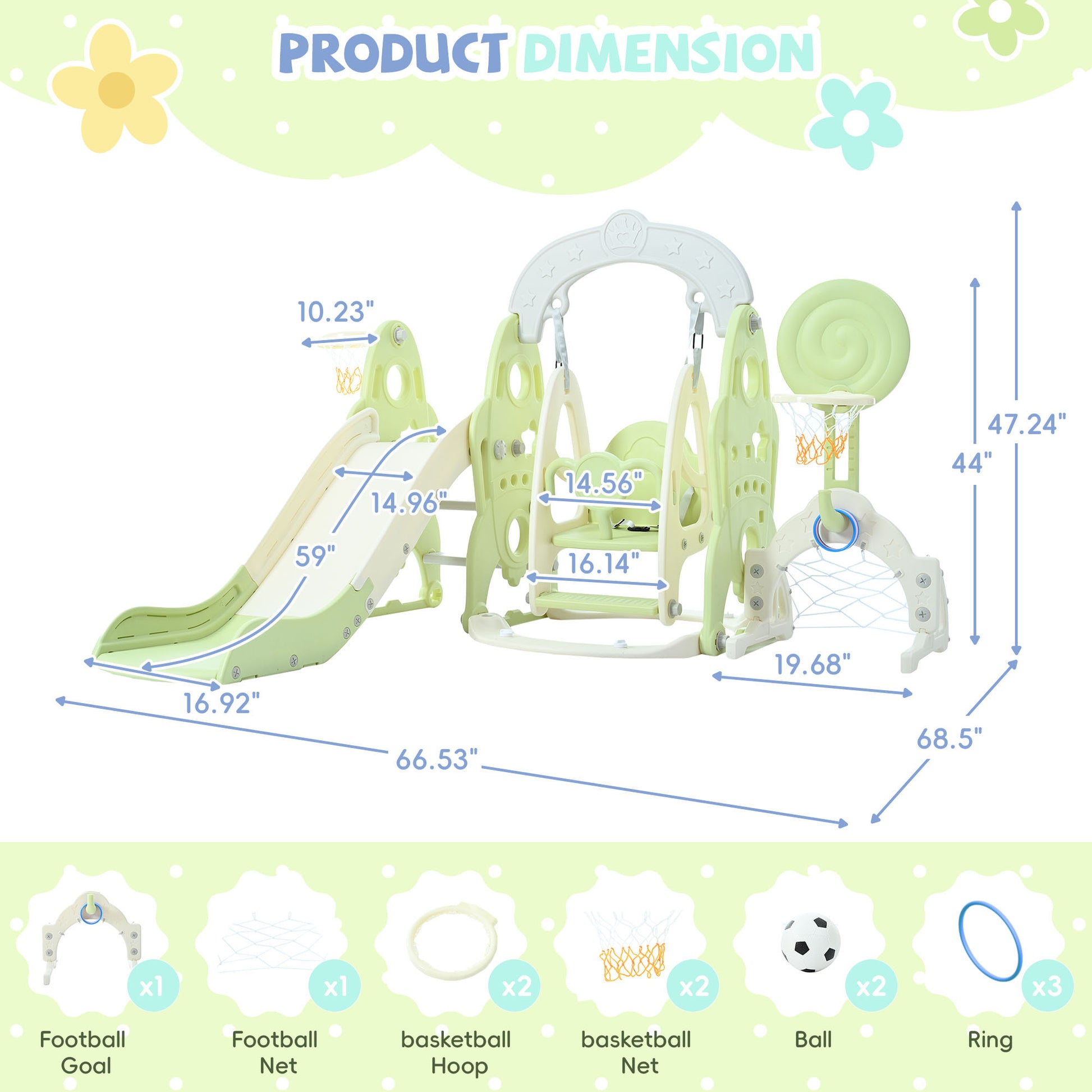 Toddler Slide And Swing Set 6 In 1, Kids Playground Climber Playset With Soccer Goal, 2 Basketball Hoops, Ring Toss Game, Indoor & Outdoor Green Cute Hdpe Indoor & Outdoor Use