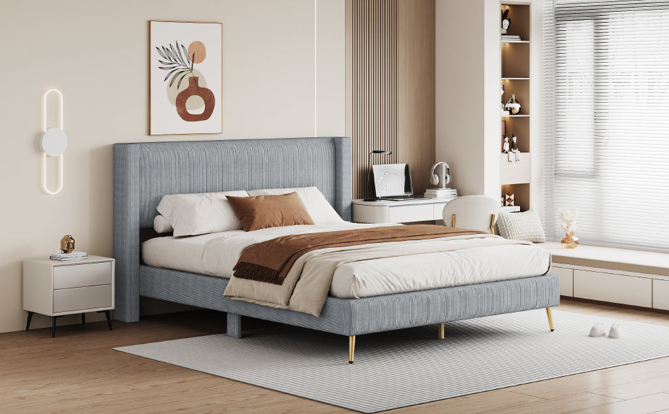 Queen Size Corduroy Platform Bed With Metal Legs, Gray Old Sku:Wf300238Aae Queen Gray Corduroy