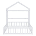 Wooden Floor Bed With Fence Railings And Detachable House Shape Headboard, Full Size Bed With Kids Dress Up Rack, Kids Montessori Style Playhouse Frame For Girls Boys, White Full White Wood