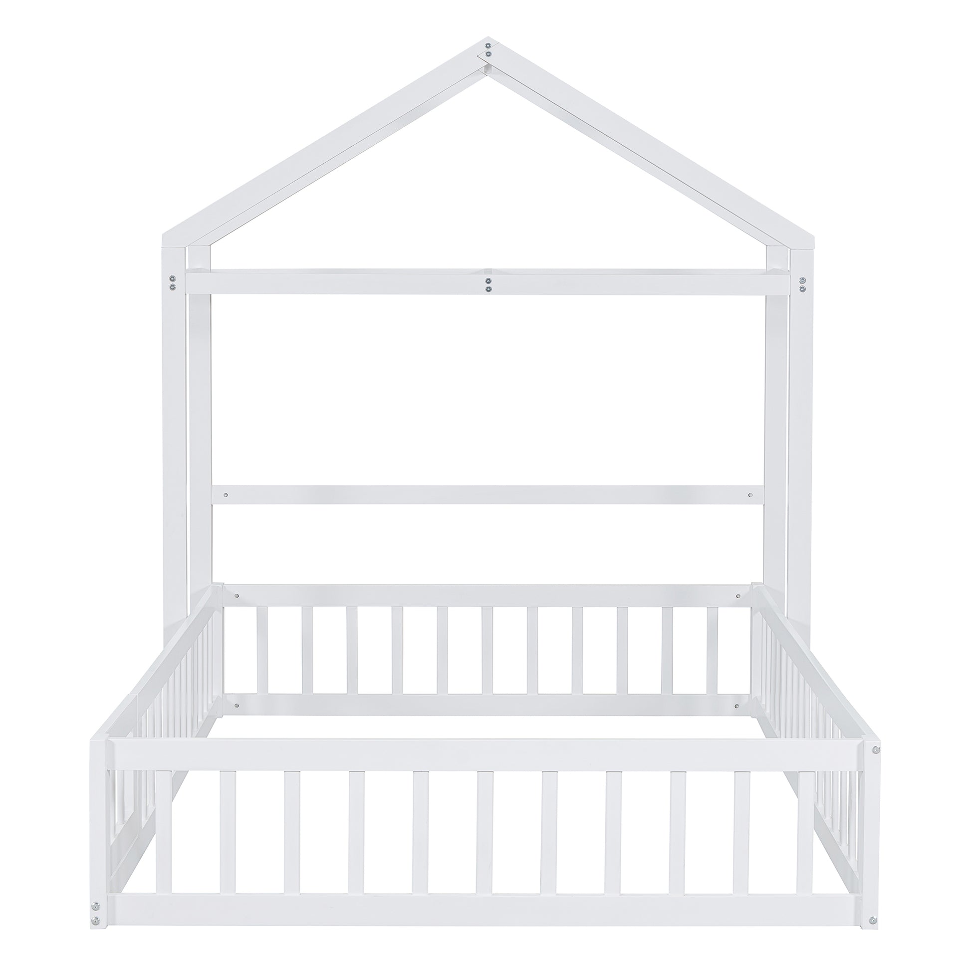 Wooden Floor Bed With Fence Railings And Detachable House Shape Headboard, Full Size Bed With Kids Dress Up Rack, Kids Montessori Style Playhouse Frame For Girls Boys, White Full White Wood