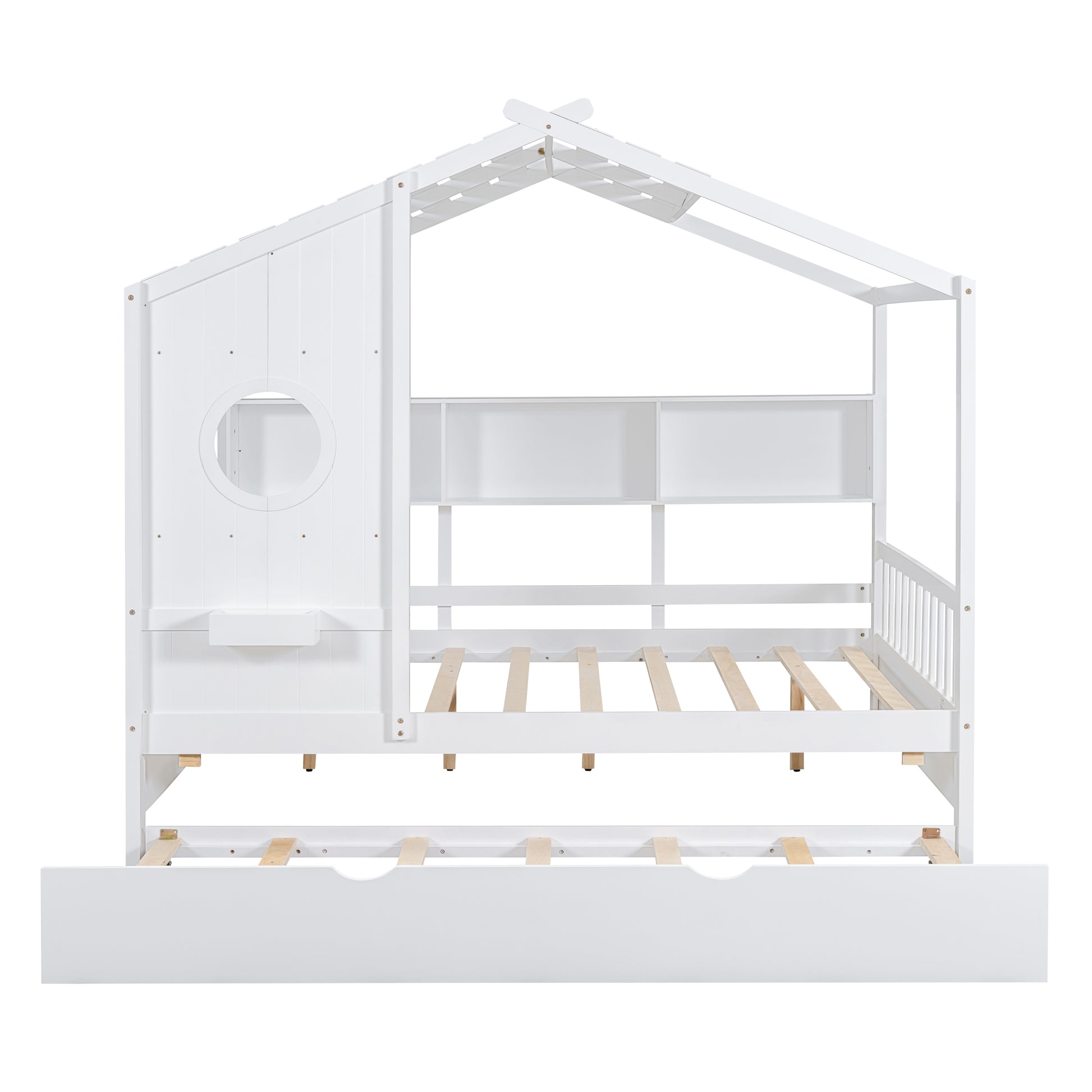 Wooden Full Size House Bed With Trundle, Modern Design For Kids With Storage Shlef, White Full White Solid Wood