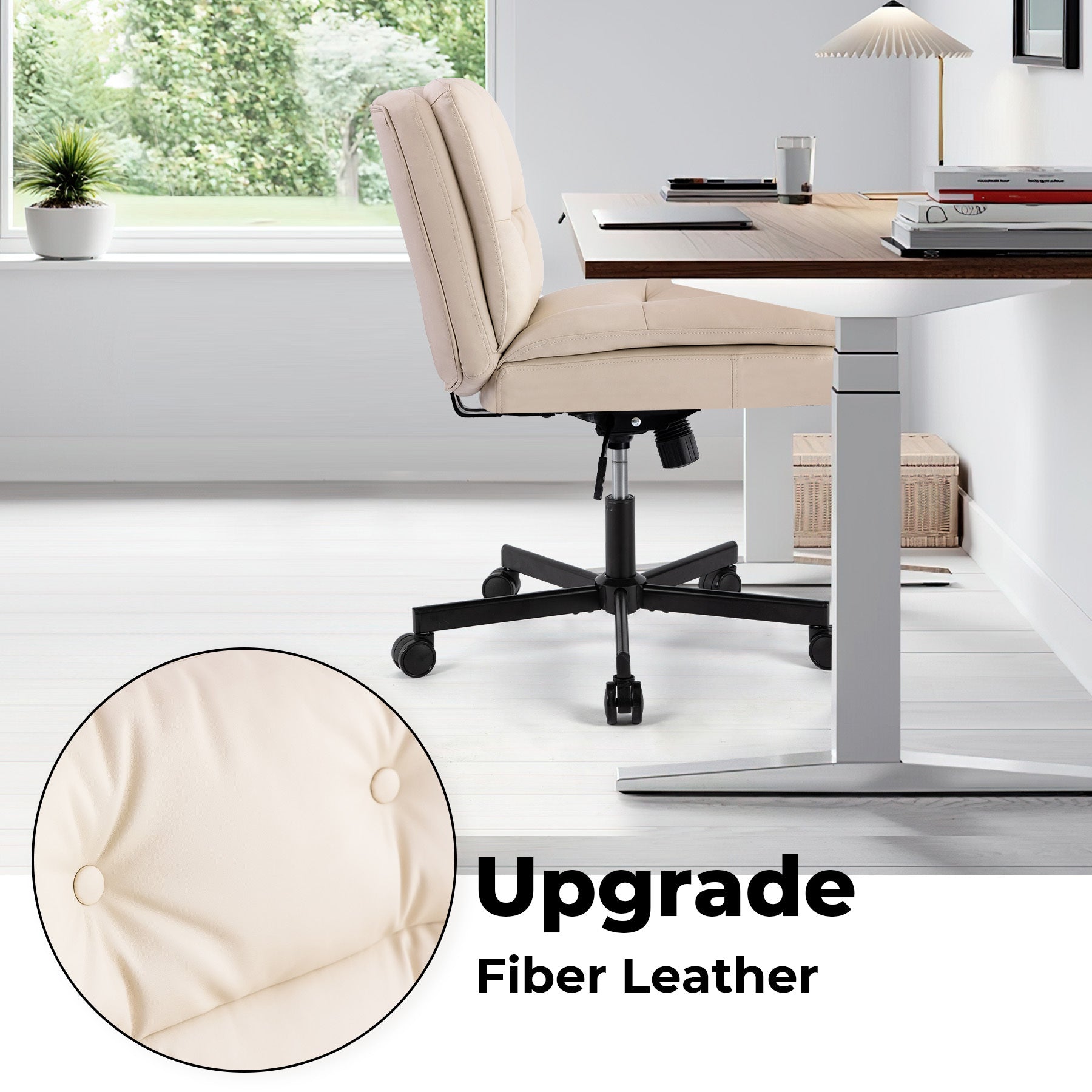 Large Size Swivel Home Office Desk Chair Armless Office Room Chair Caster Wood Beige Primary Living Space Foam Dry Clean American Design,Casual,Contemporary,Minimalist,Modern Handle Office Chairs Solid Back Foam Adjustable Height Leather