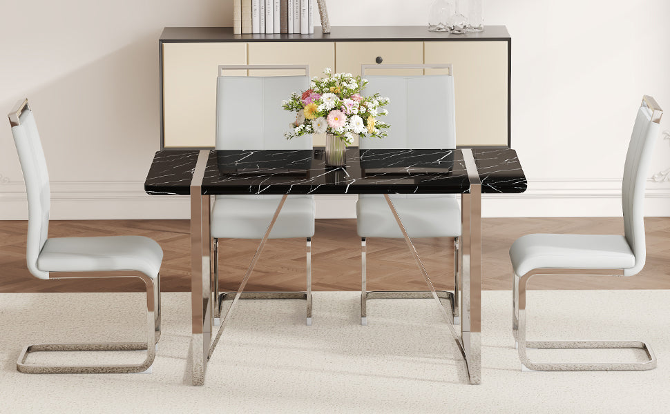 Table And Chair Set.A Rustic Industrial Rectangular Mdf Black Dining Table With Mdf Desktop And Electroplated Silver Metal Legs.Paried With 4 Chairs With Pu Cushion And Metal Legs. Black,Light Gray,Silver Seats 4 Mdf Metal