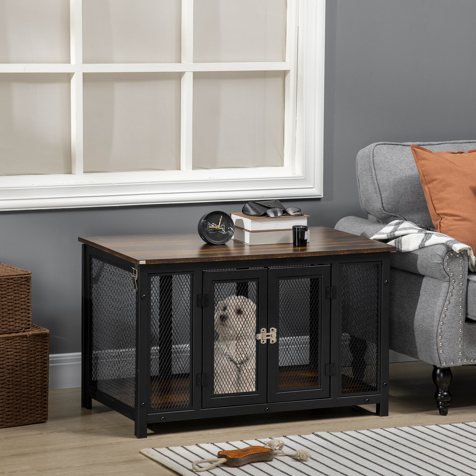 Pawhut Furniture Style Dog Crate With Openable Top, Big Dog Crate End Table, Puppy Crate For Small Dogs Indoor, Spacious Interior, Pet Kennel, Brown, Black Brown Steel