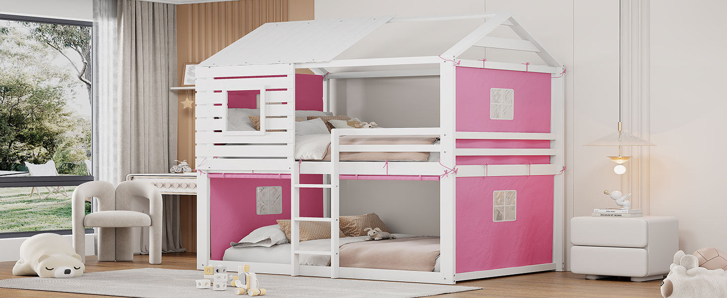 Full Size Bunk Wood House Bed With Tent, Pink White Full Pink White Solid Wood Mdf