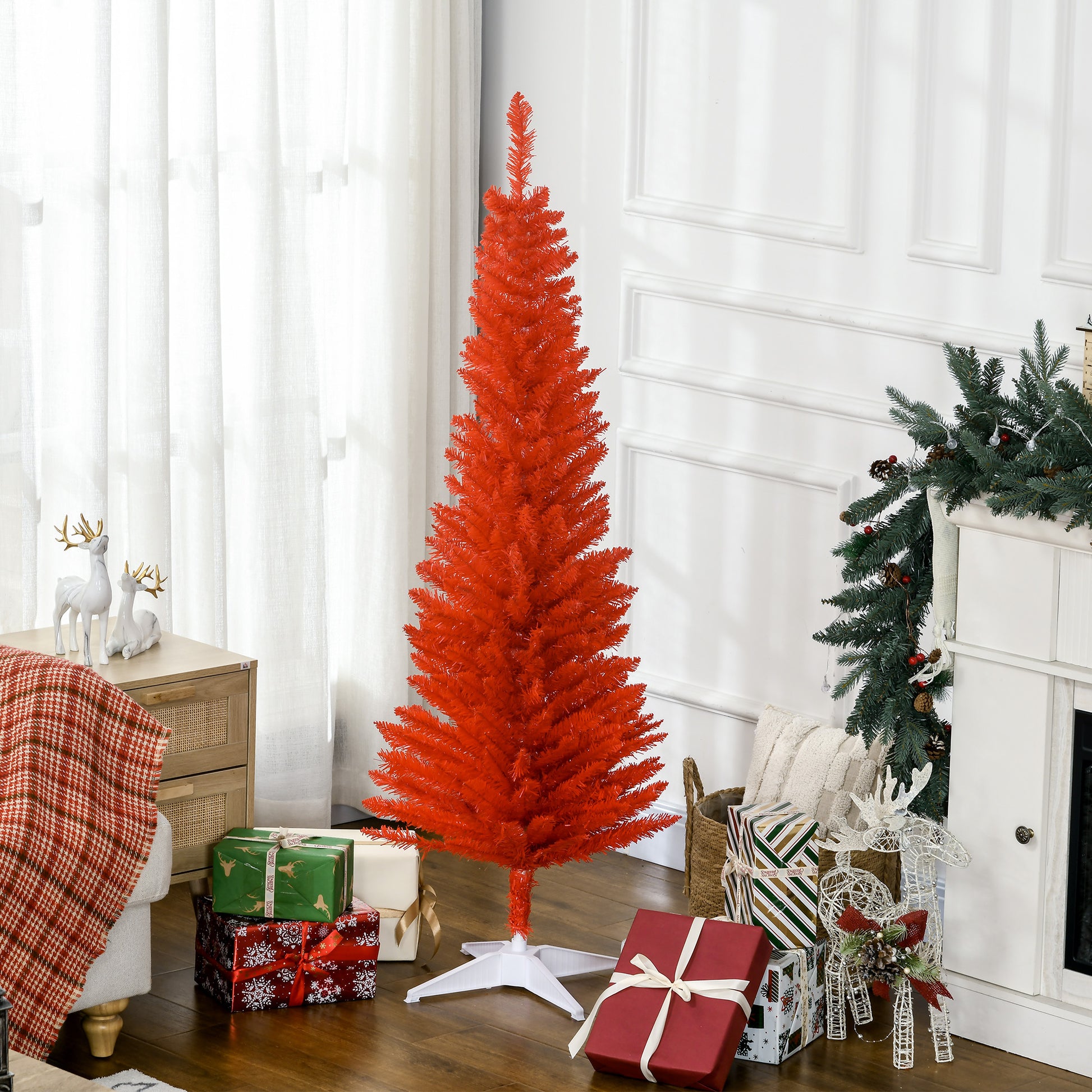 Homcom 5' Artificial Pencil Christmas Tree, Slim Xmas Tree With 294 Realistic Branch Tips And Plastic Stand, Red Red Plastic