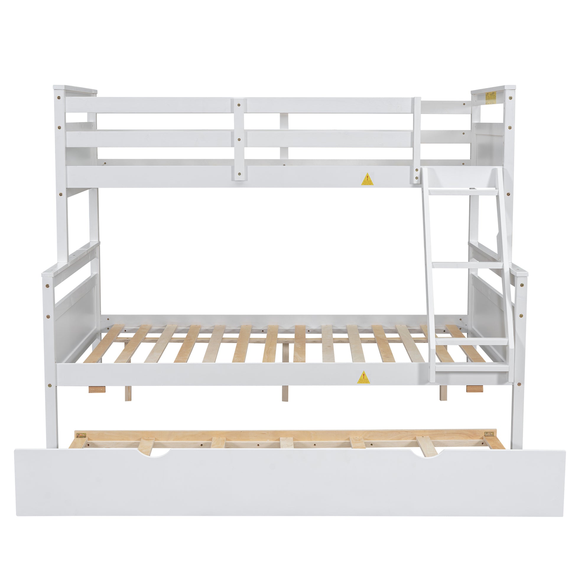 Twin Over Full Bunk Bed With Ladder, Twin Size Trundle, Safety Guardrail, White Box Spring Not Required Twin White Wood Bedroom Bunk Pine