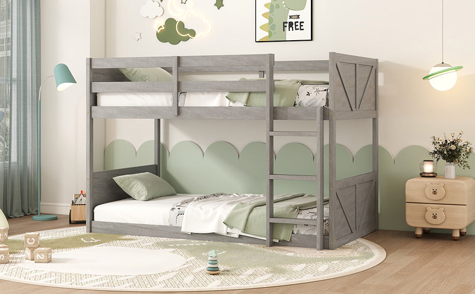 Twin Over Twin Floor Bunk Bed With Panelled Headboard And Footboard, Solid Rubber Wood Foundation With Safety Guardrails, Built In Ladder,Antique White Twin Antique White Rubber Wood