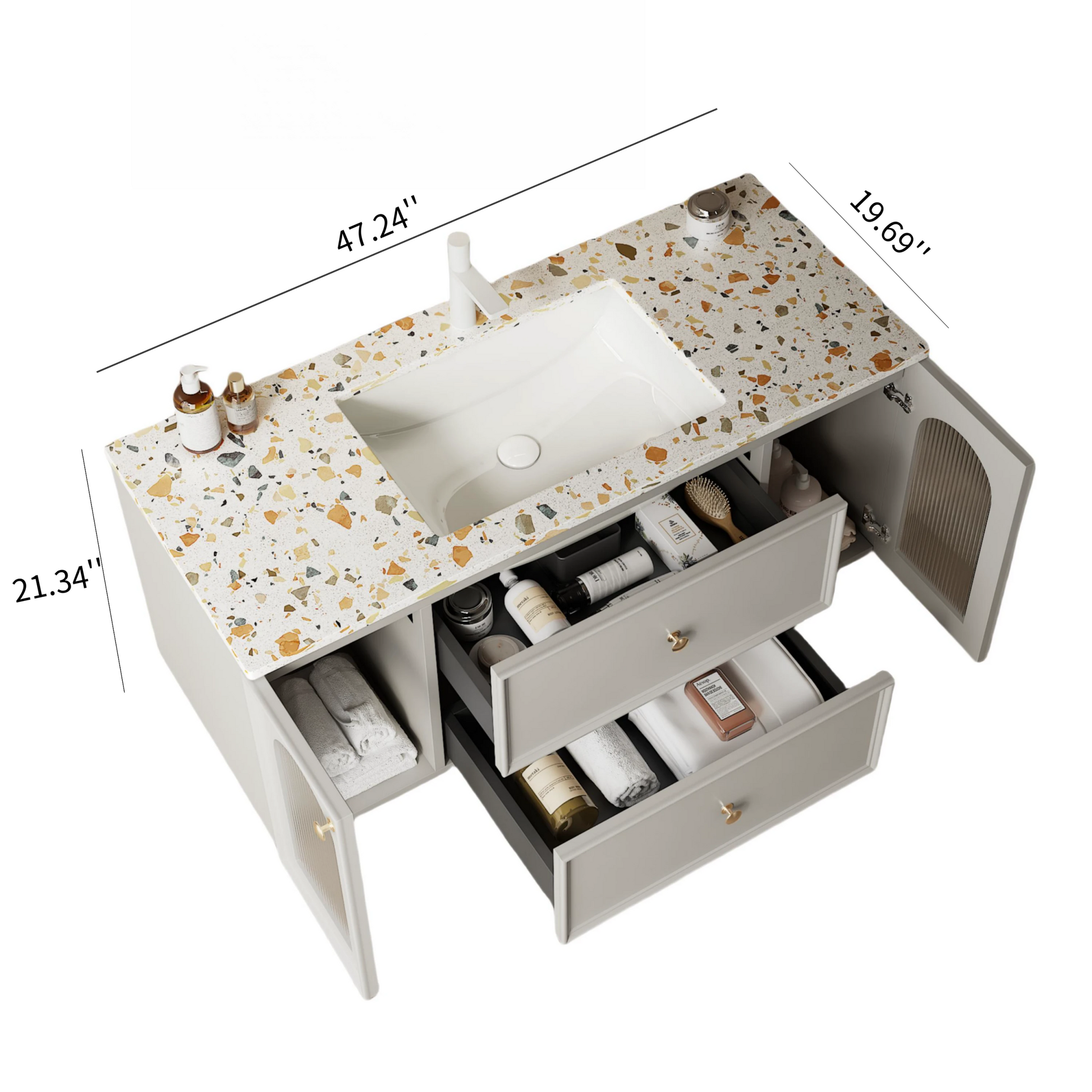 Bay 48" Bathroom Vanity With Sink, Modern Wall Mounted Floating Plywood Bathroom Storage Cabinet With 2 Drawers And 2 Doors, Terrazzo Counter Top And White Ceramic Basin With Sink Hole Cover And Drain Matte White Grayish Bathroom Modern,Scandinavian