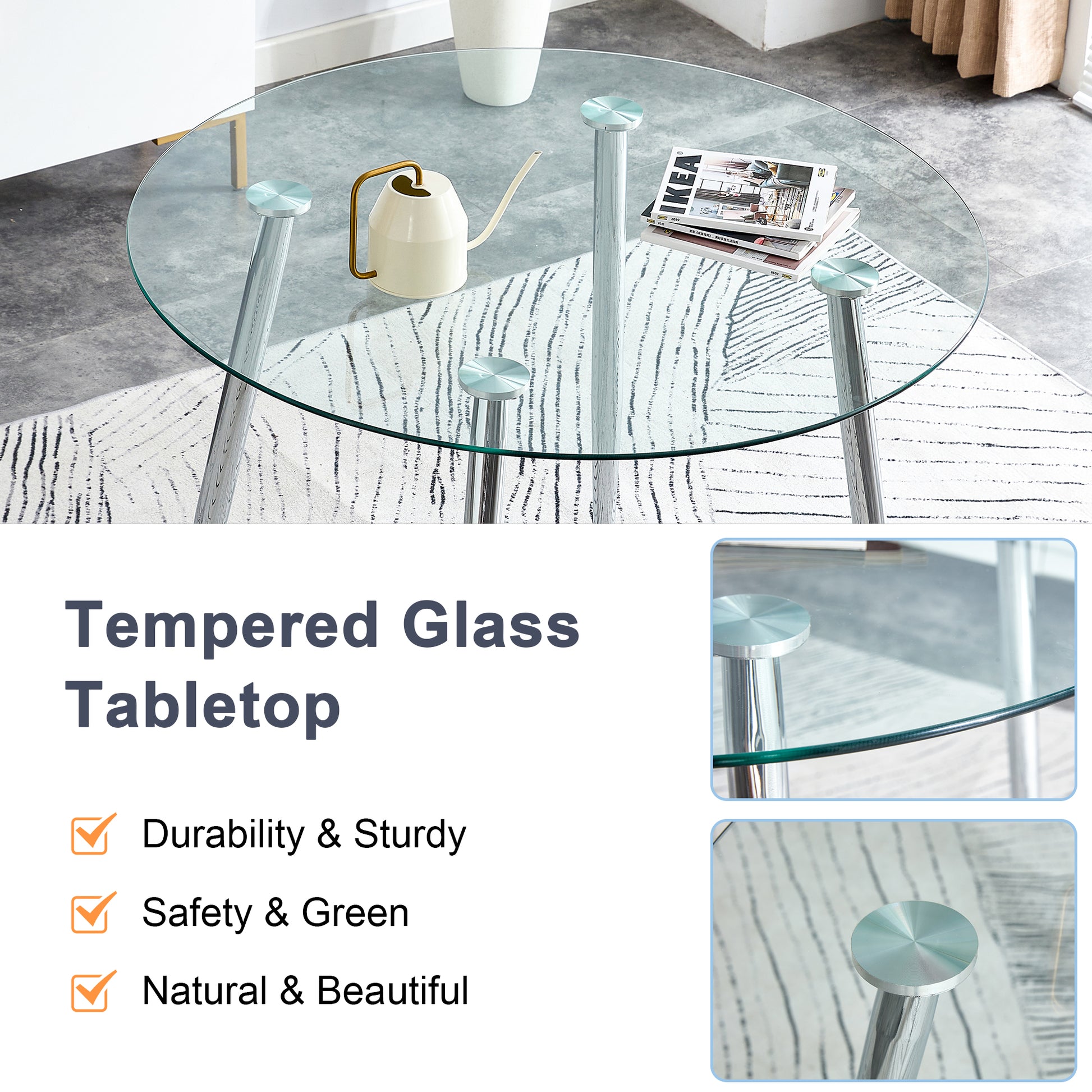 Table And Chair Set.A Modern Minimalist Round Dining Table With Transparent Tempered Glass Top And Silver Metal Legs,Paried With 4 Chairs With Pu Backrest And Seat Cushion And Silver Metal Legs. Transparent,White Seats 4 Glass Metal