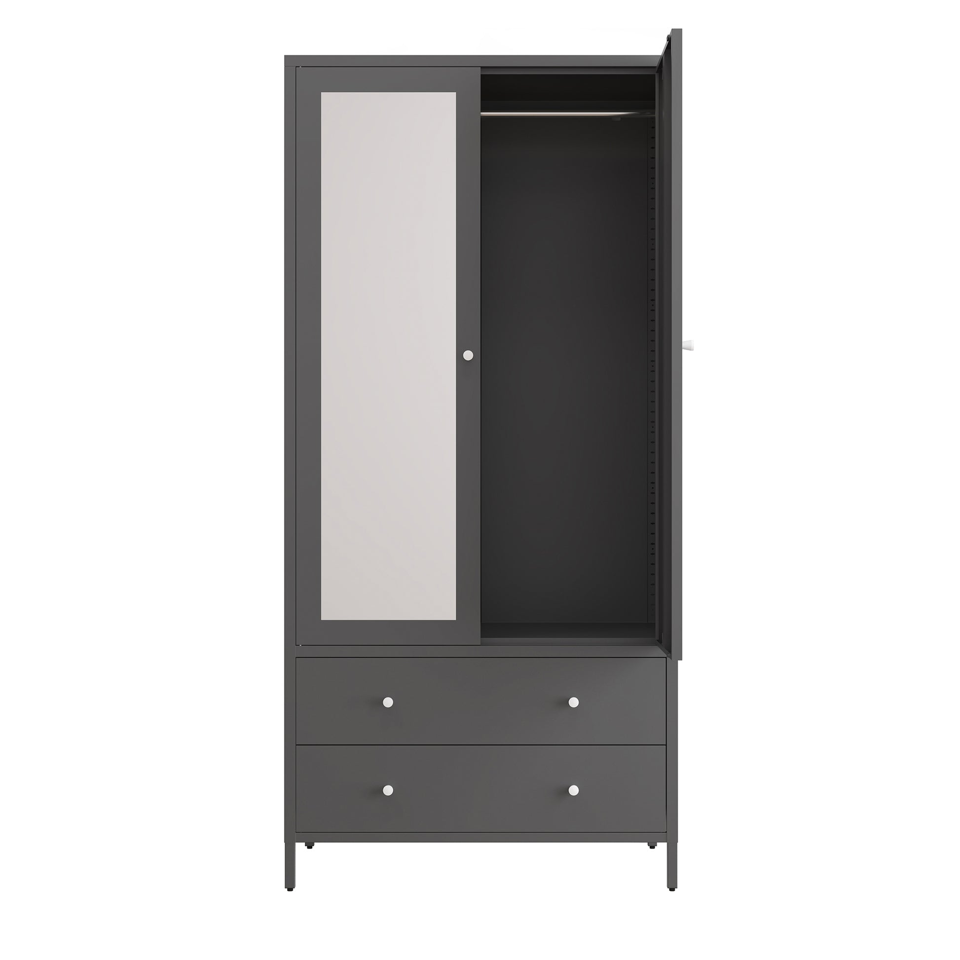 Metal Armoire Wardrobe Closet With 2 Drawers, Mirror Door And Hanging Rod, Metal Clothing Storage Cabinet, Garment Organizer With Magnetic Door Dark Grey Gray Bedroom Retro Steel