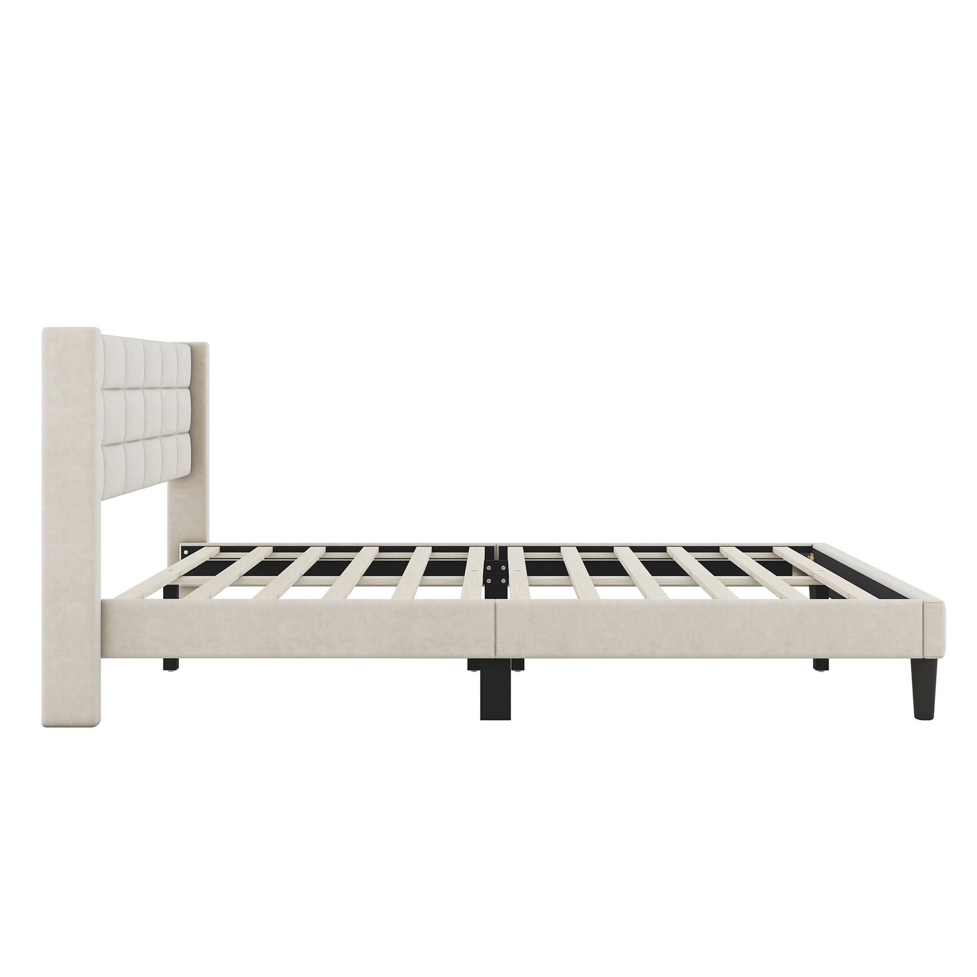 Queen Size Upholstered Platform Bed With Support Legs, Beige Box Spring Not Required Queen Beige Wood Bedroom Bed Frame Polyester Upholstered