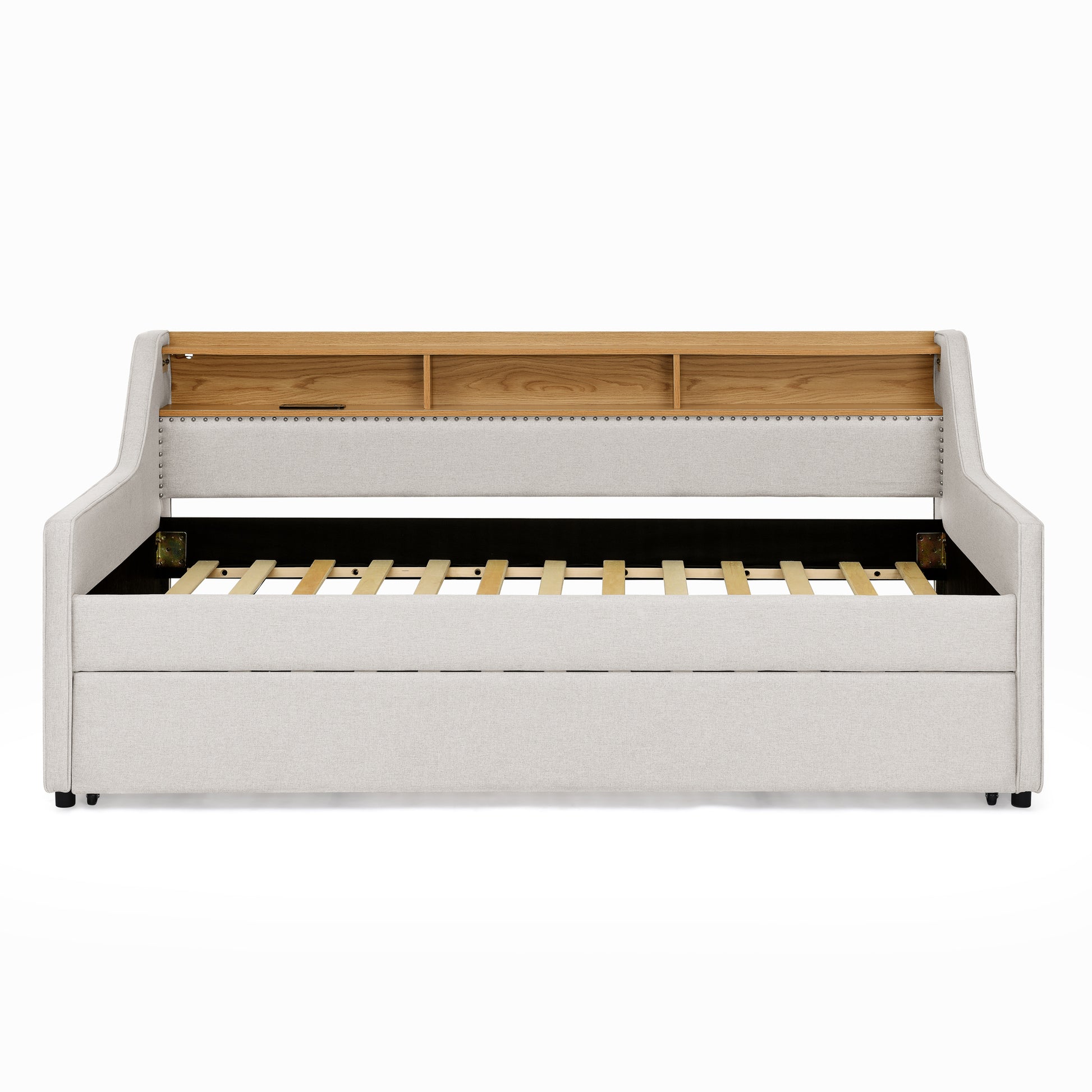 Twin Size Upholstery Sofa Bed With Three Led Lights, With Storage Adjustable Headboard, With Foldable Leg Pull Up Trundle Bed And Wireless Charging, Linen Padded Sofa Bed Frame, Beige Box Spring Not Required Twin Beige Composite Bedroom Classic