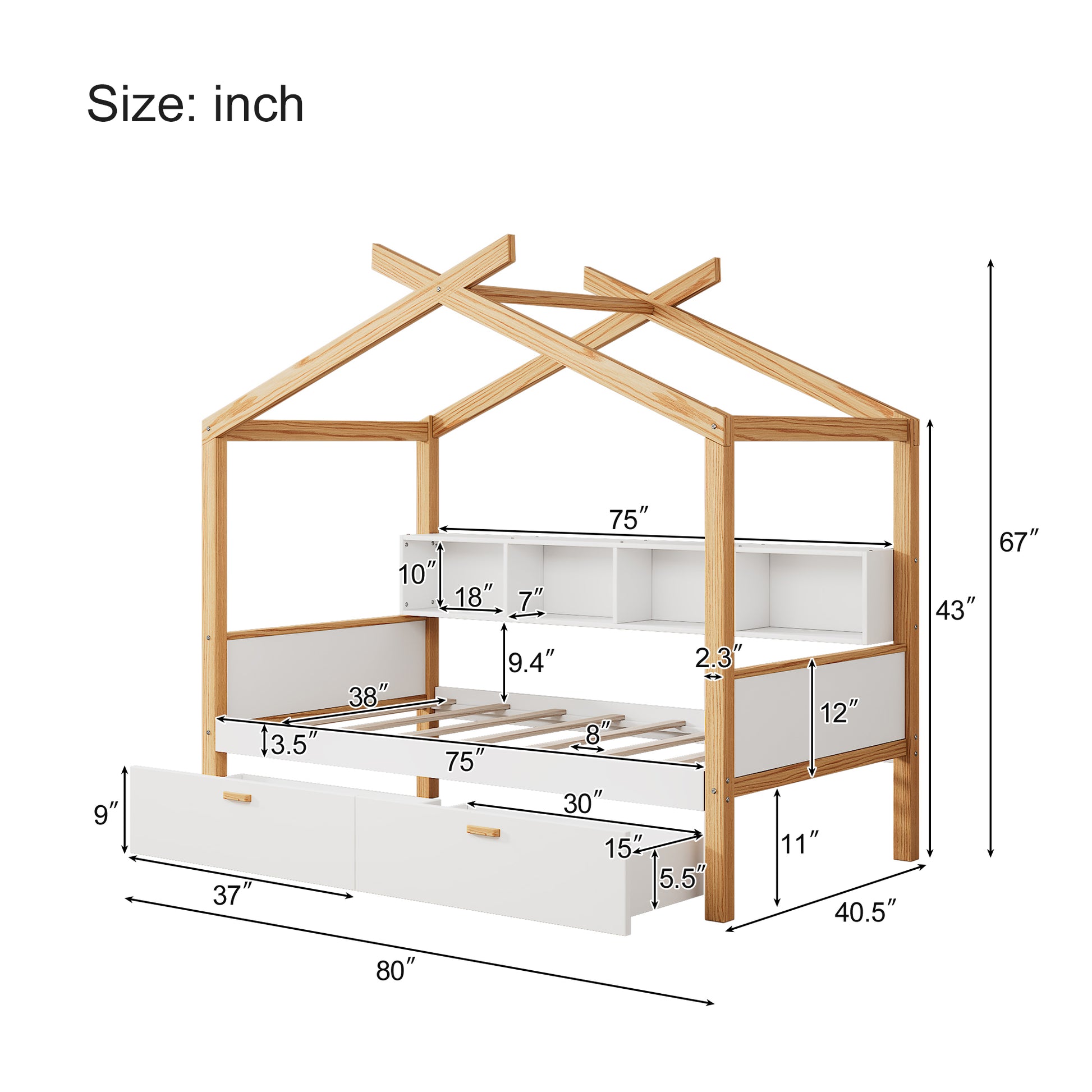 White Twin Size Wooden House Bed Original Wood Colored Frame With Two Drawers And Bookshelf Storage Space For Children Or Guest Room Twin White Wood