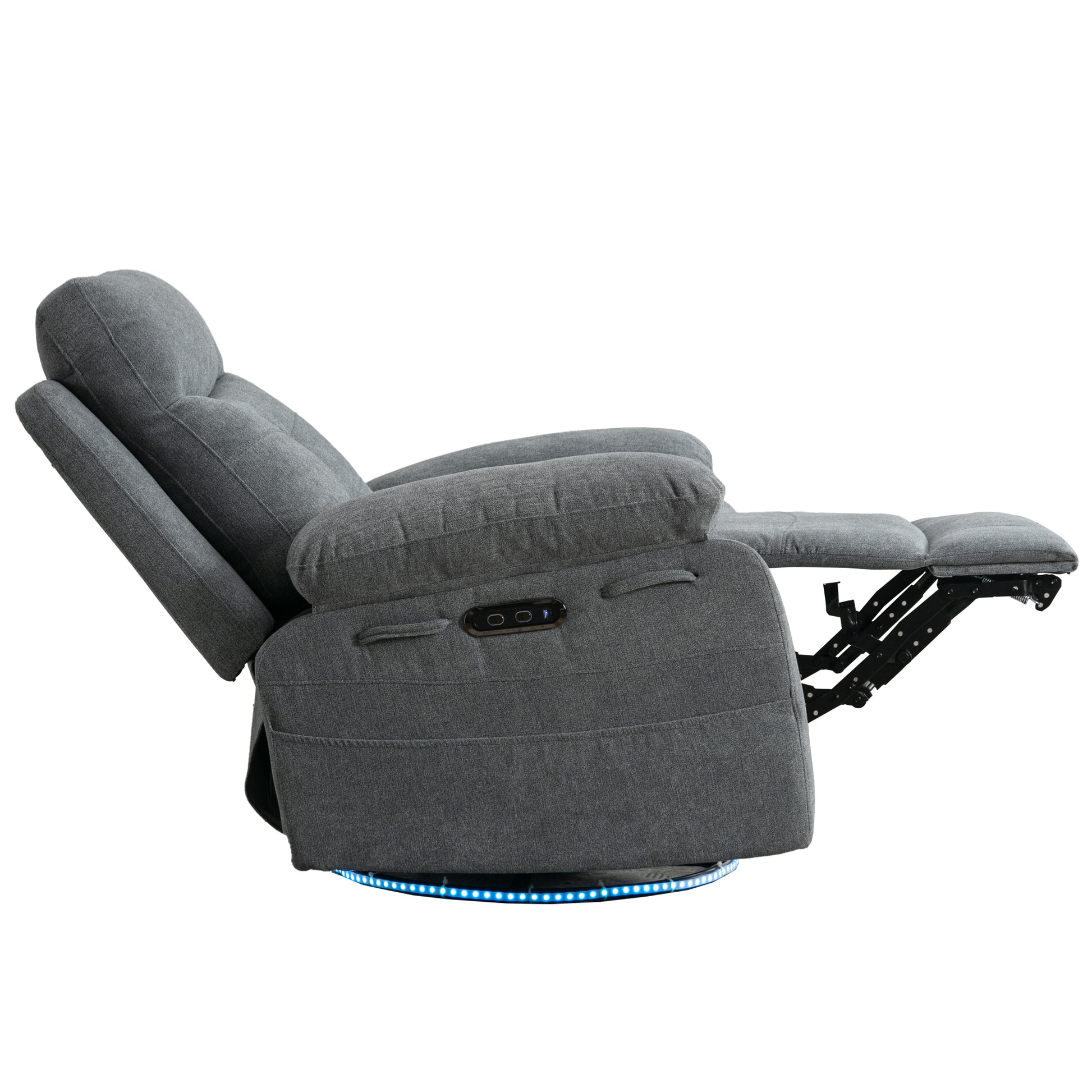 Power Recliner Glider Chair With Bluetooth Speaker 270 Degree Swivel With Led Light Side Arm With Storage Pockets Usb Type C Charging Port Button Control Retractable Footrest Adjustable Backrest Lg Light Grey Linen Power Push Button Metal Primary Living