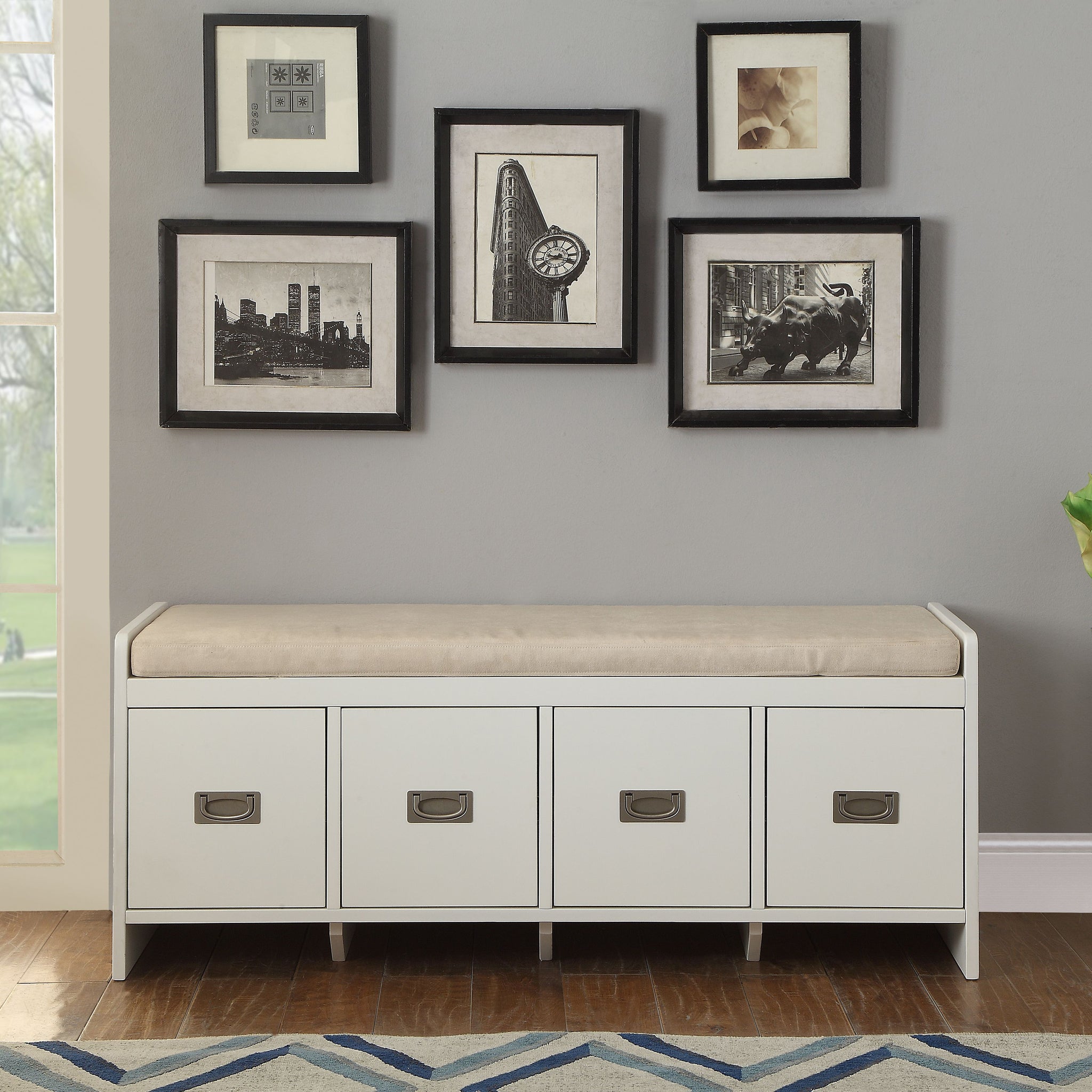 Beige And White Bench With Storage Beige Primary Living Space Solid Beige Drawer Wood Fabric