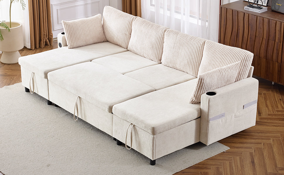 111.8" Sectional Sofa Pull Out Sofa Bed Versatile Sofa Sleeper With Large Storage Space, Two Usb Ports And Two Cup Holders For Living Room, Beige Beige Foam Chenille 4 Seat