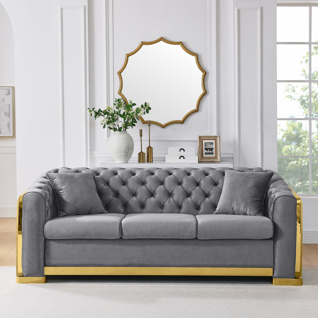 Velvet Luxury Chesterfield Sofa Set, 84 Inches Tufted 3 Seat Couch With Gold Stainless For Living Room, Grey Fabric Grey Velvet Wood Primary Living Space Medium Soft Tufted Back European Rolled Arms Foam Wood Stainless Steel 3 Seat