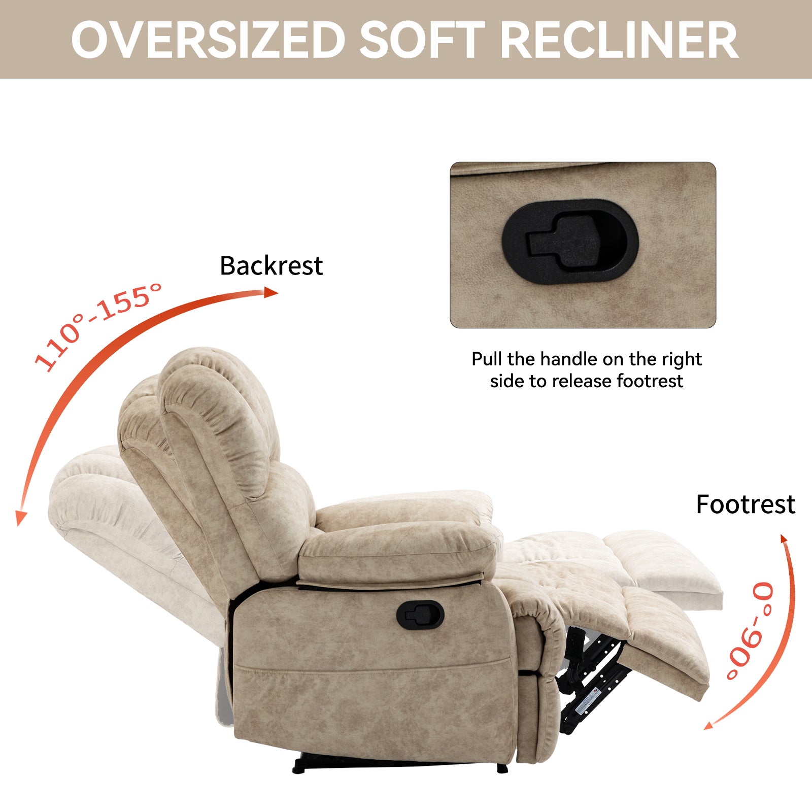 Large Manual Recliner Chair In Fabric For Living Room, Beige Beige Velvet Manual Handle Metal Primary Living Space Medium Firm Cushion Back Heavy Duty American Design Pine Pillow Top Arms Fiber Foam And Polyester Fiber Pad Fabric