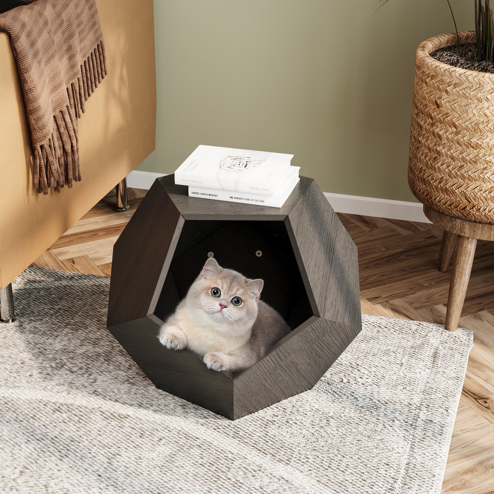 25.98'' Modern Pet Furniture Cat Litter, Sofa Side Table, Planter Mdf Multifunctional Furniture, Burmese Sumac Black Brown Mdf