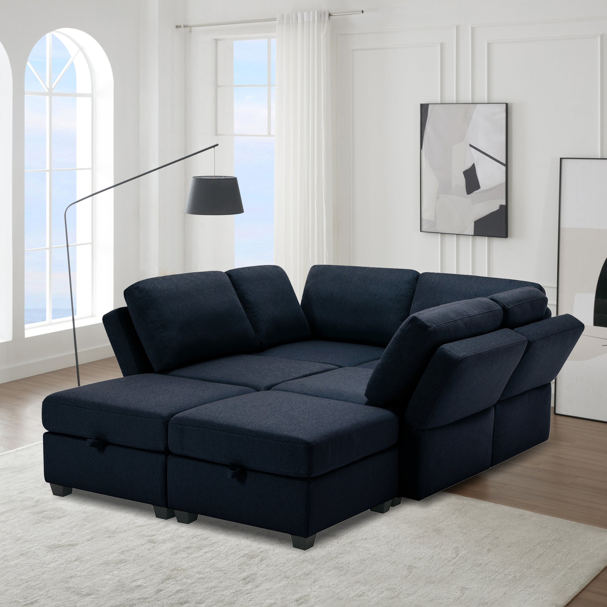 Oversized Modern 6 Seat Upholstered Sofa, Large Sectional Sofa With Storage Seats And Ottomanssofa Bed With Thick And Soft Cushions At All Sidesadjustable Arms And Backs Blue Blue Polyester 4 Seat