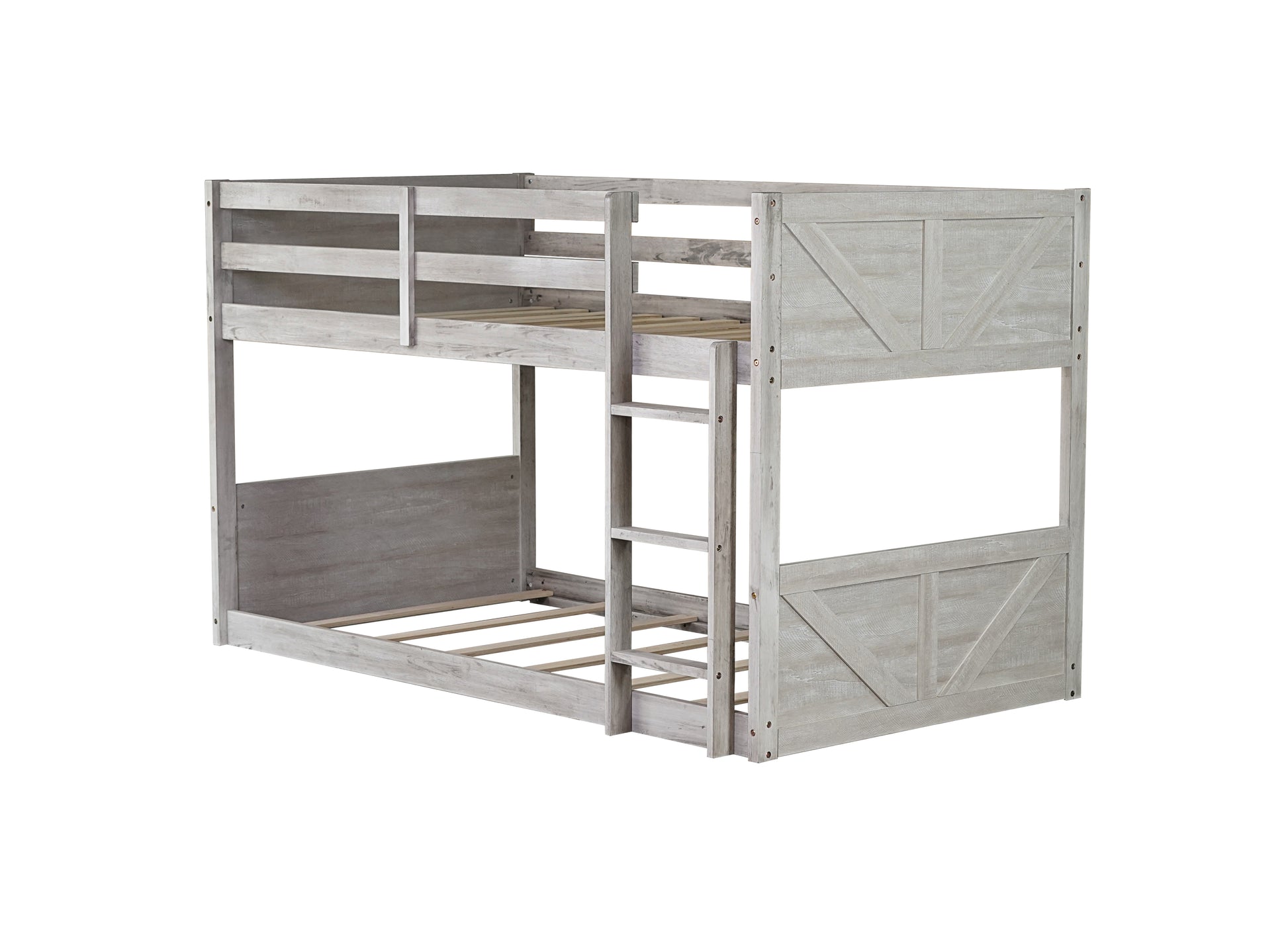 Twin Over Twin Floor Bunk Bed With Panelled Headboard And Footboard, Solid Rubber Wood Foundation With Safety Guardrails, Built In Ladder,Antique White Twin Antique White Rubber Wood