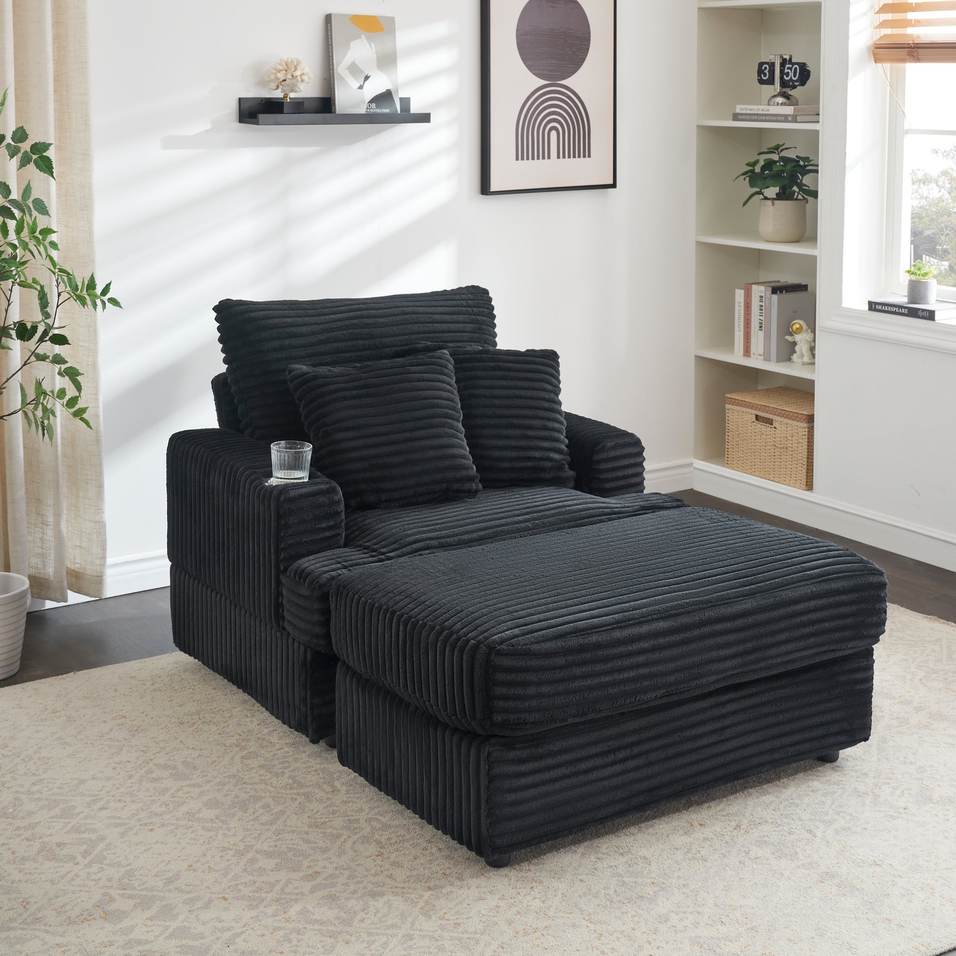 39 Inch Spring Upholstered Armchair And Ottoman Set Comfortable Single Sofa With Cup Holder And Corduroy Fabric, Perfect For Living Room Or Bedroom Black Corduroy 1 Seat