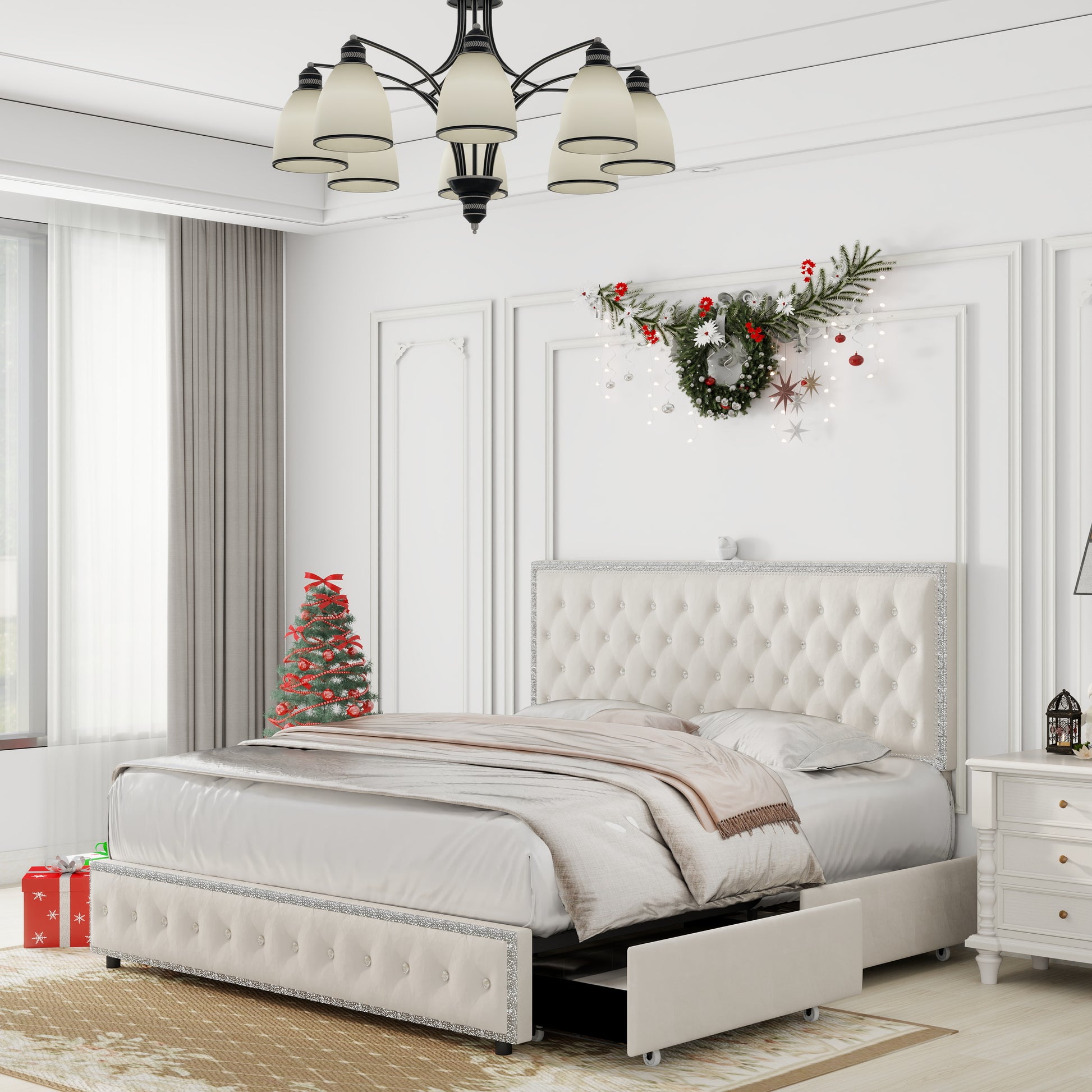 Queen Size Bed Frame With 4 Drawers, Star Galaxy Projector, Usb Charger, Music Speaker, Adjustable Upholstered Headboard With Diamond Button,Velvet Cream Mdf Metal