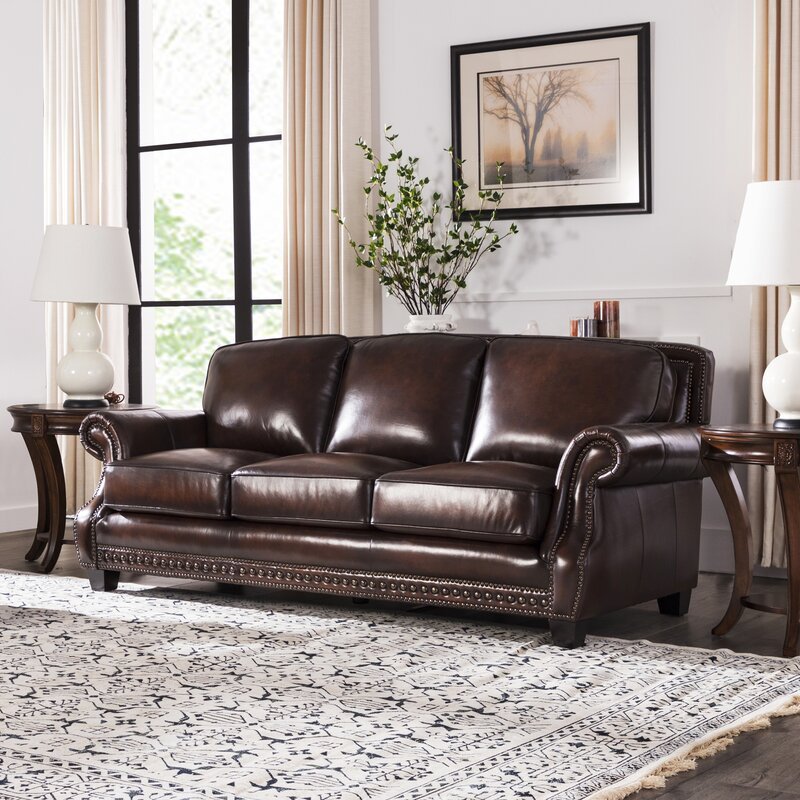 Traditional Roll Arm Leather Sofa Brown Leather 3 Seat