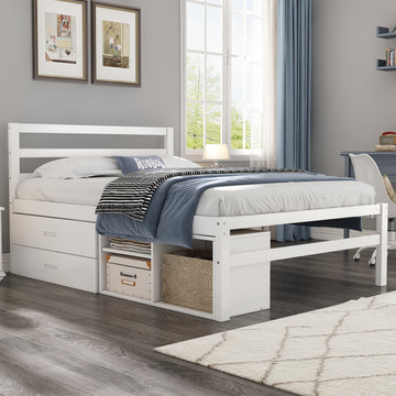 Full Size Wood Platform Bed With Removable Storage Shelves, Built In Two Storage Drawers For Added Convenience, White Full White Wood