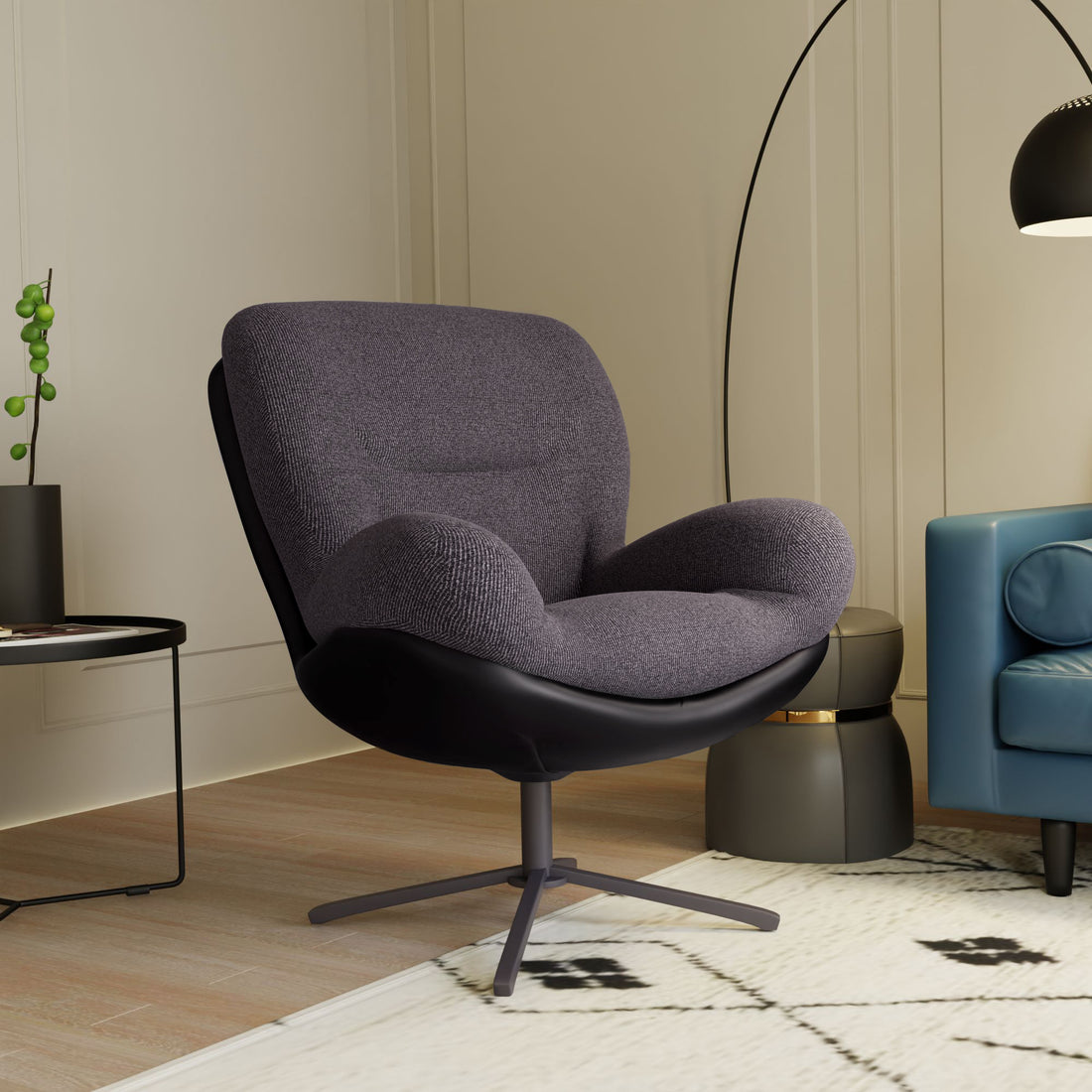 360 Swivel Accent Chair, Modern Chenille Lounge Chair With Faux Leather And Black Metal Base Frame, Comfortable Reading Chair For Small Spaces, Living Room, Bedroom, Reading Corner, Office, Dark Gray Black,Dark Gray Brown Primary Living Space