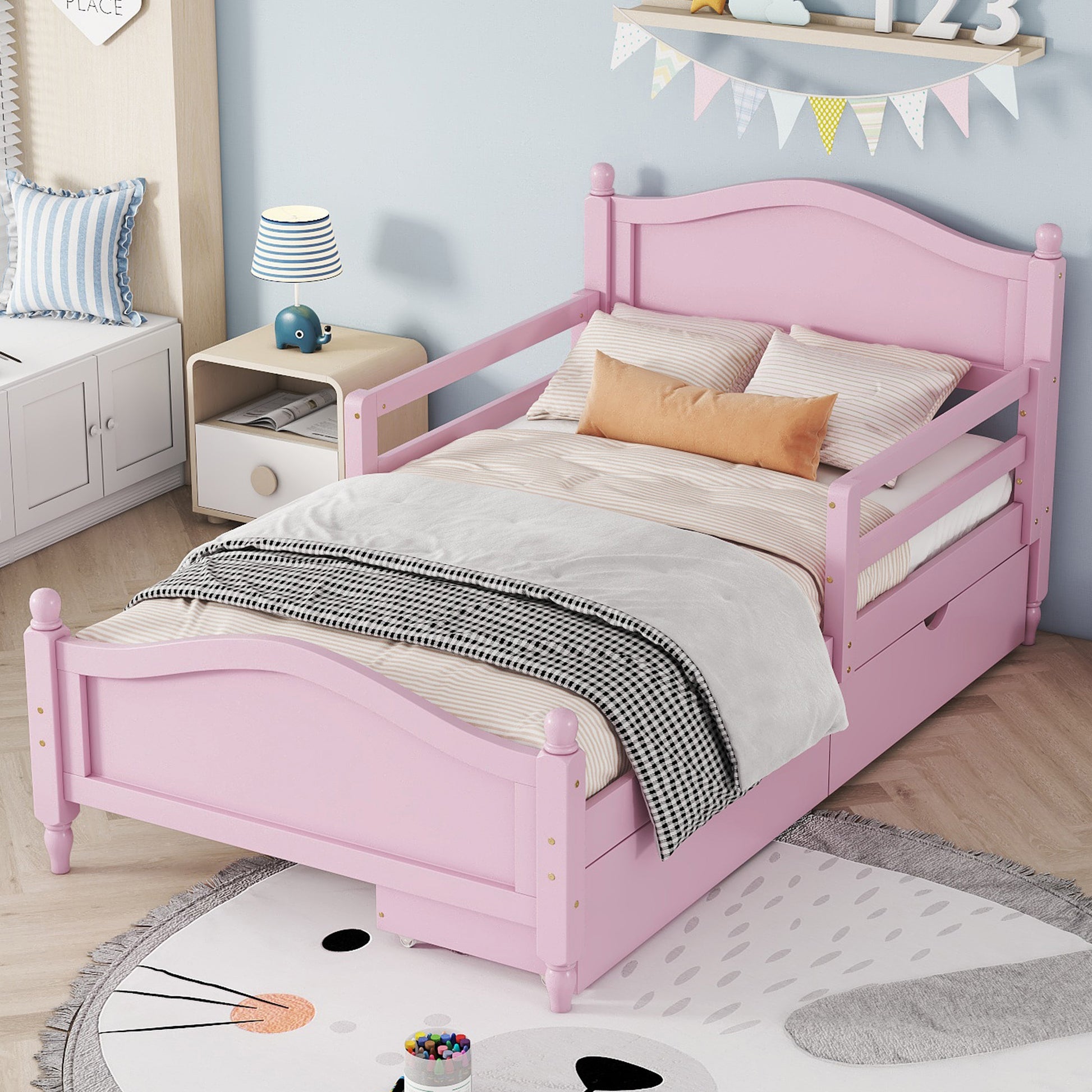 Twin Size Wood Platform Bed With Guardrails On Both Sides And Two Storage Drawers ,Pink Twin Pink Wood