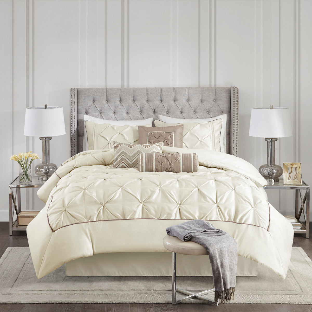 7 Piece Tufted Comforter Set Ivory Full Full Ivory Polyester