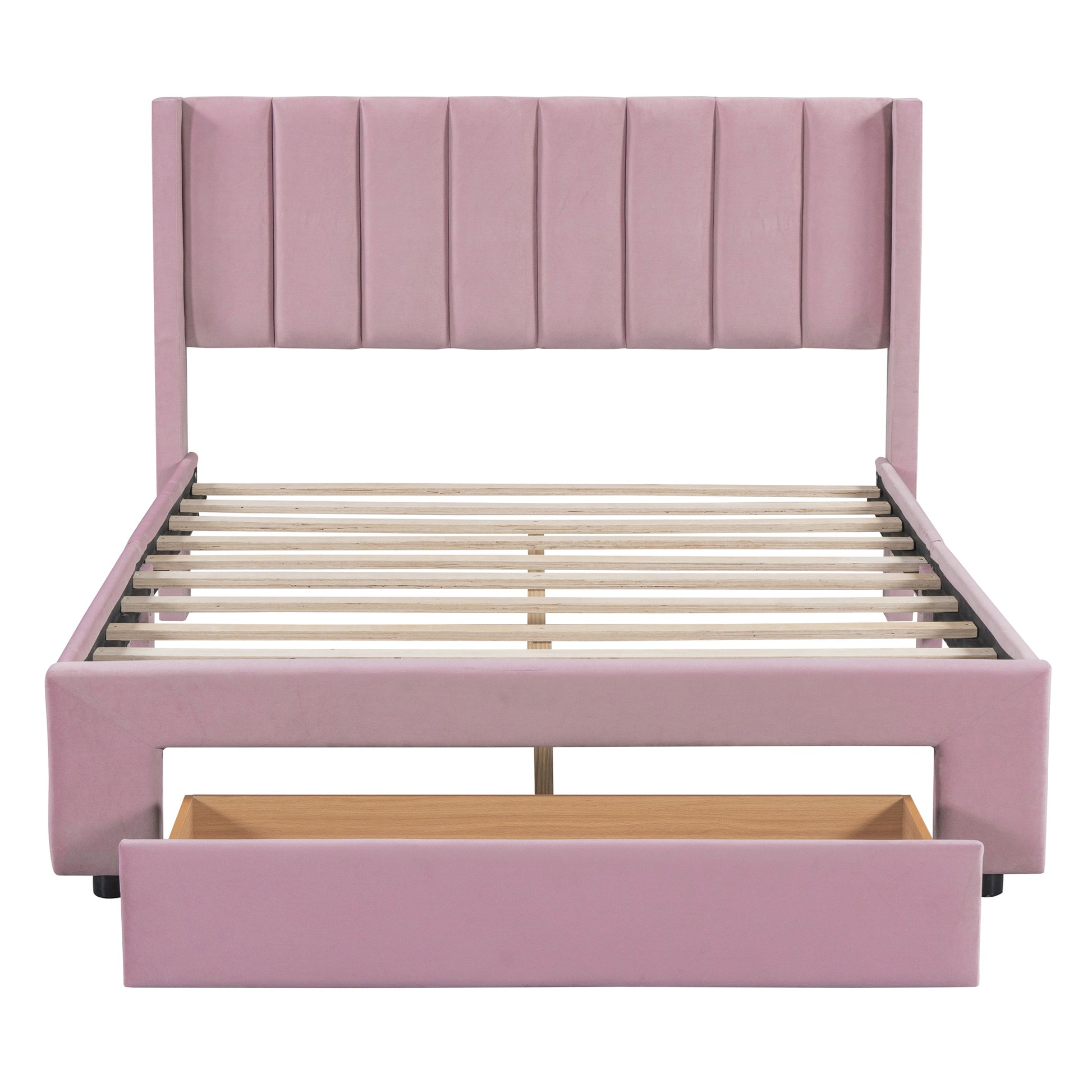 Full Size Storage Bed Velvet Upholstered Platform Bed With A Big Drawer Pink Old Sku:Wf296850Aah Full Pink Velvet