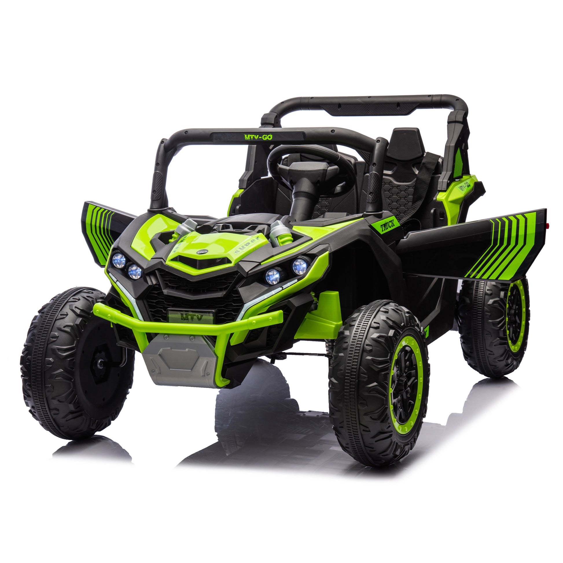 24V Two Seater Kids Ride On Utv W Parents Remote Control,Four Wheel Suspension,Slow Start,Large Wheel Design,Anti Collision Bar,Storage Space,Music,Usb,Bluetooth,Volume Control,Led Lights For Kids 3 . Green 100 149 Lbs Polypropylene